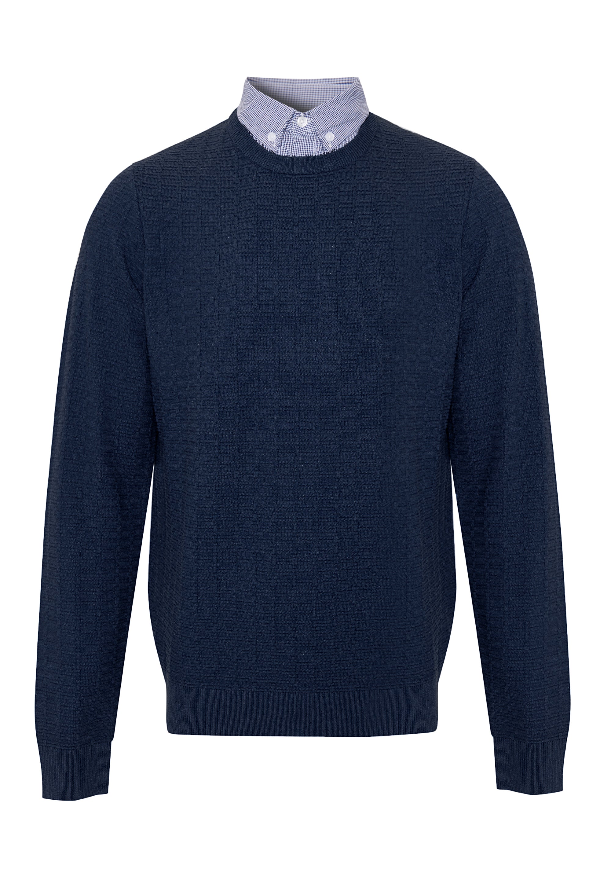 Mock Shirt Textured Knitted Jumper in Navy - Image 7