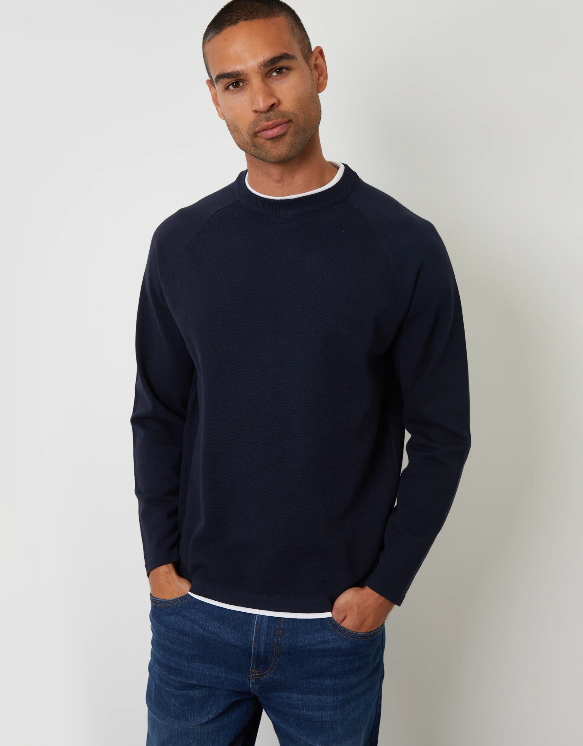 Mock Tee Textured Knit Crew Neck Jumper in Navy