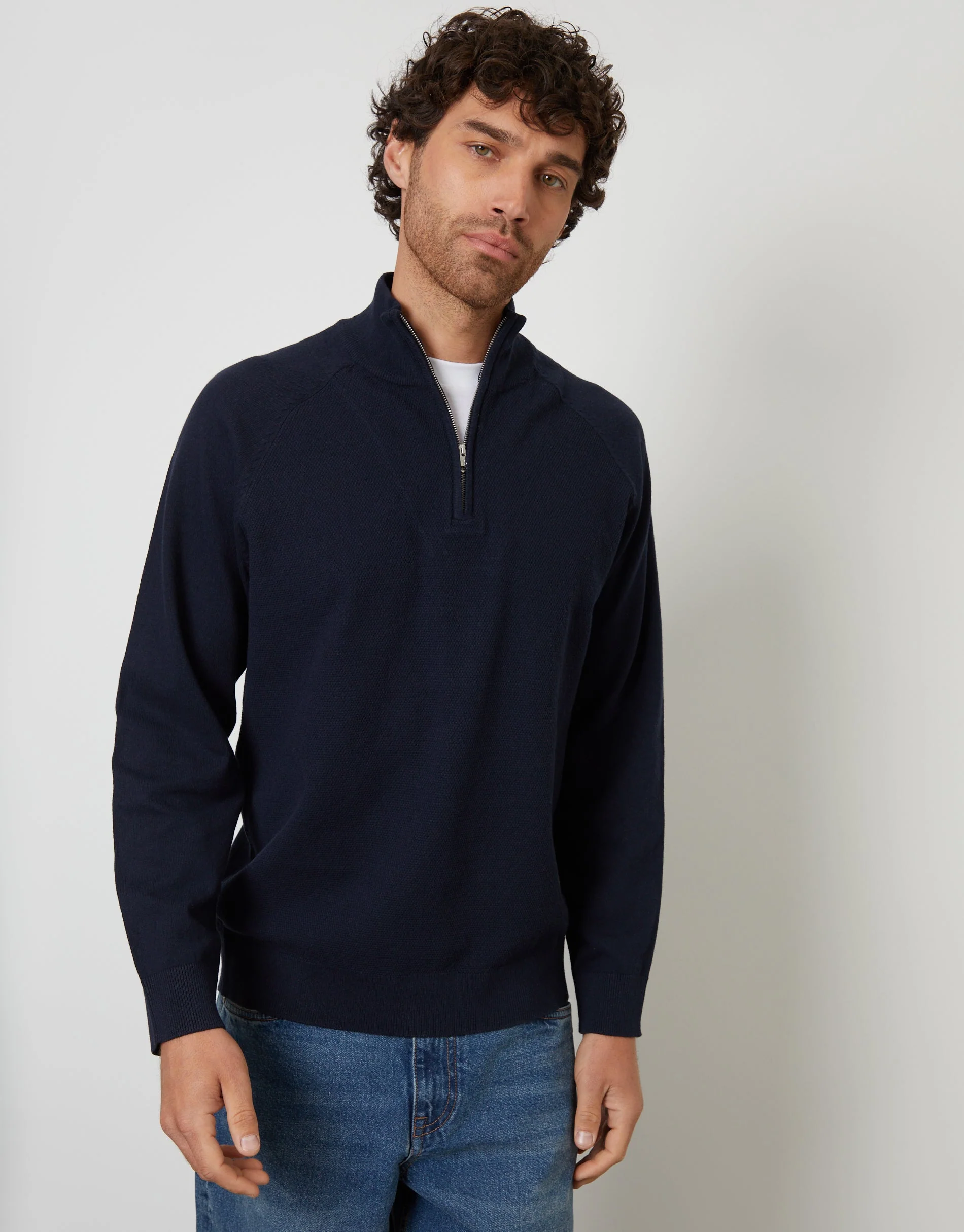 Mock Tee Textured Knit Quarter Zip Jumper in Navy