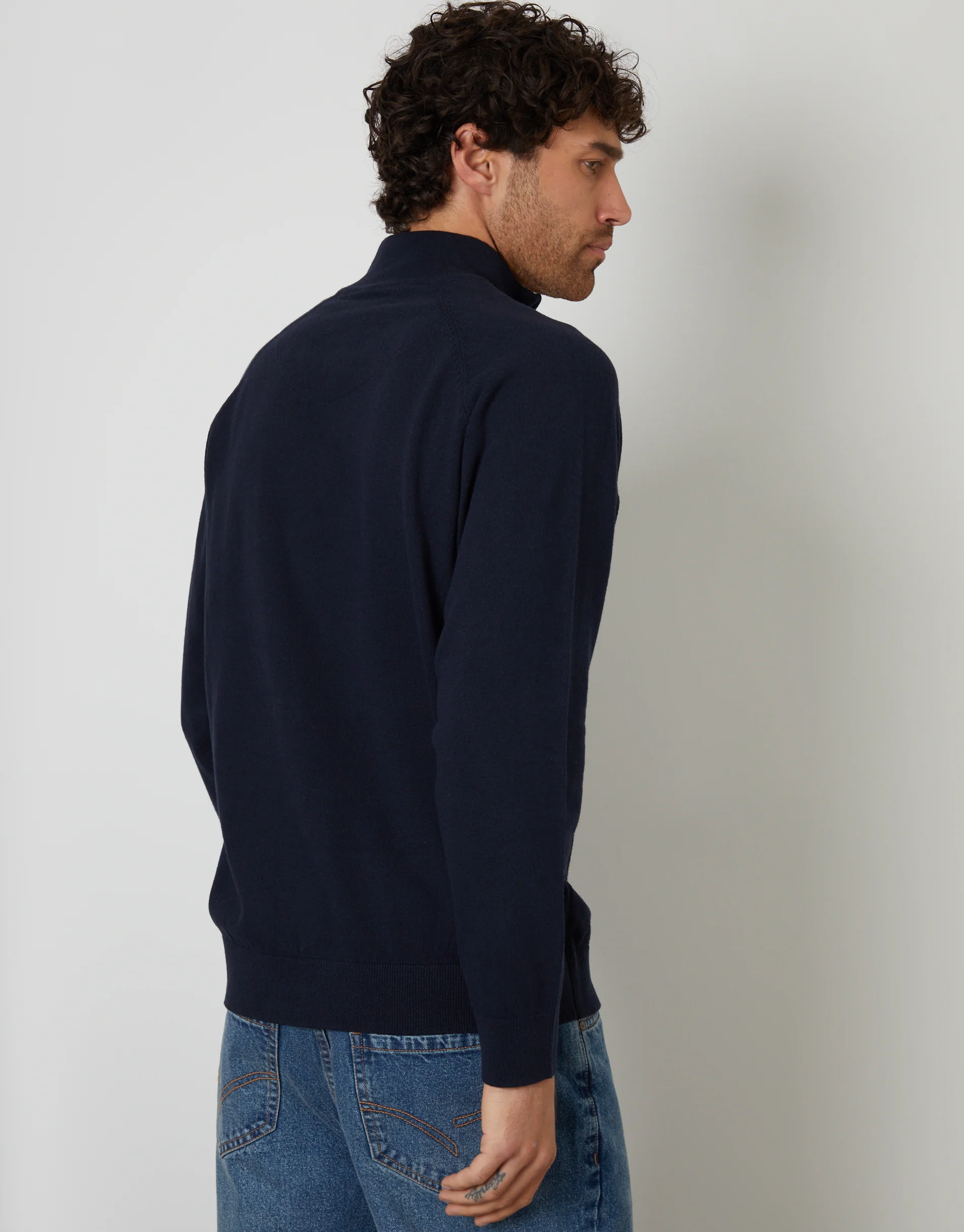 Mock Tee Textured Knit Quarter Zip Jumper in Navy - Image 2