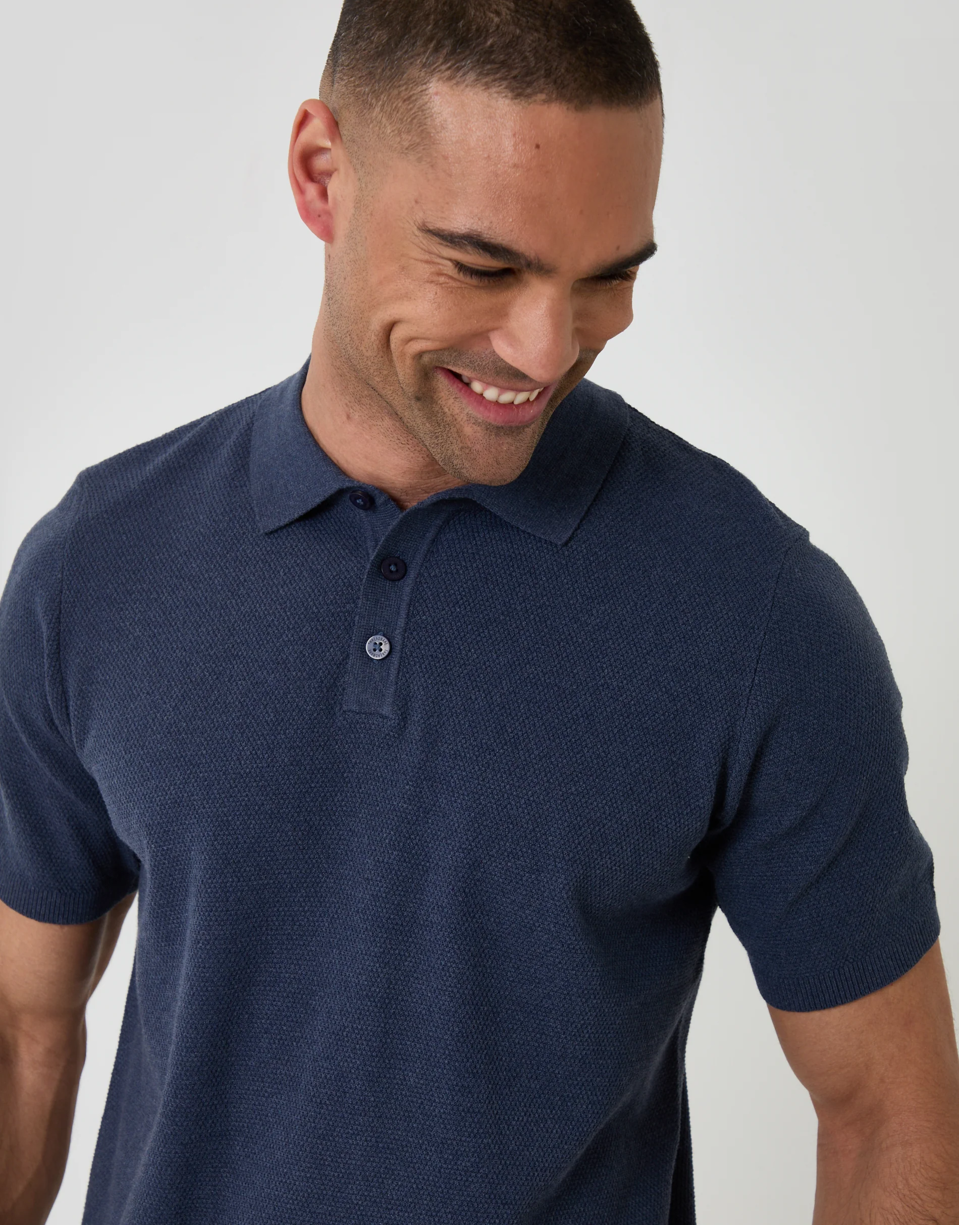 Moss Stitch Knitted Polo in Navy