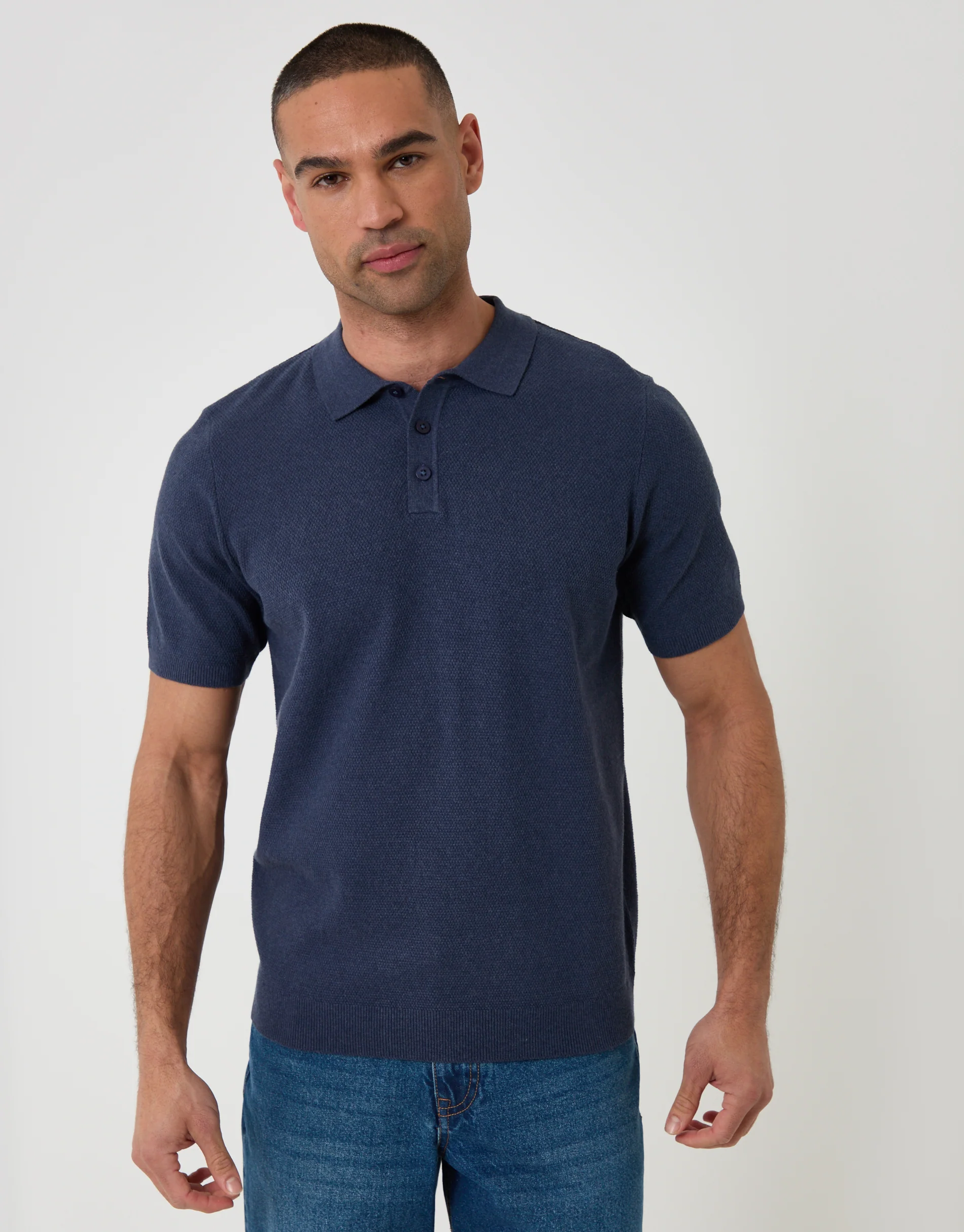 Moss Stitch Knitted Polo in Navy - Image 2