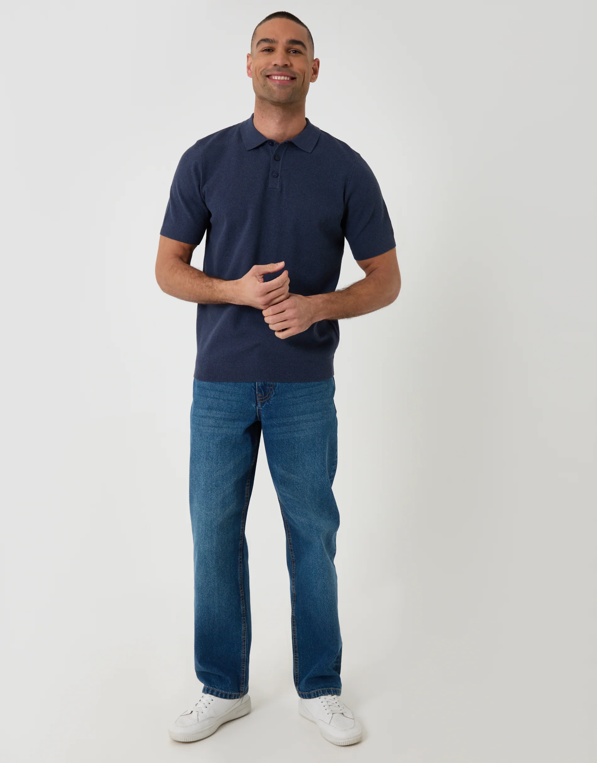Moss Stitch Knitted Polo in Navy - Image 4