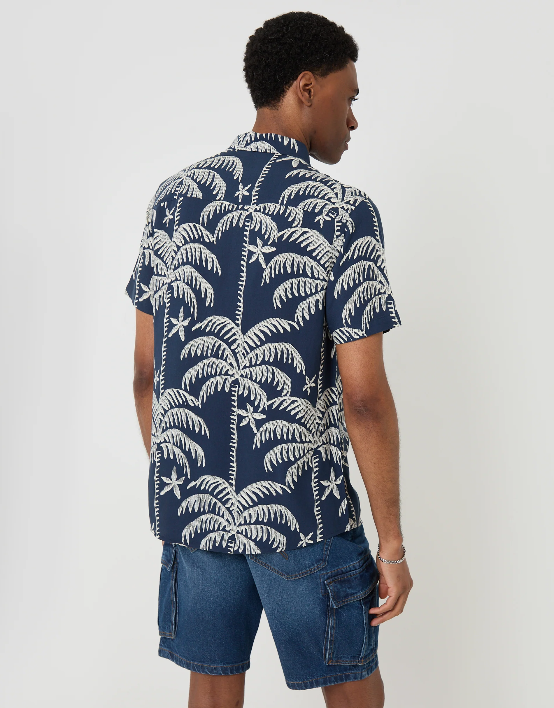 Oversized Palm Tree Print Short Sleeve Shirt in Navy - Image 2