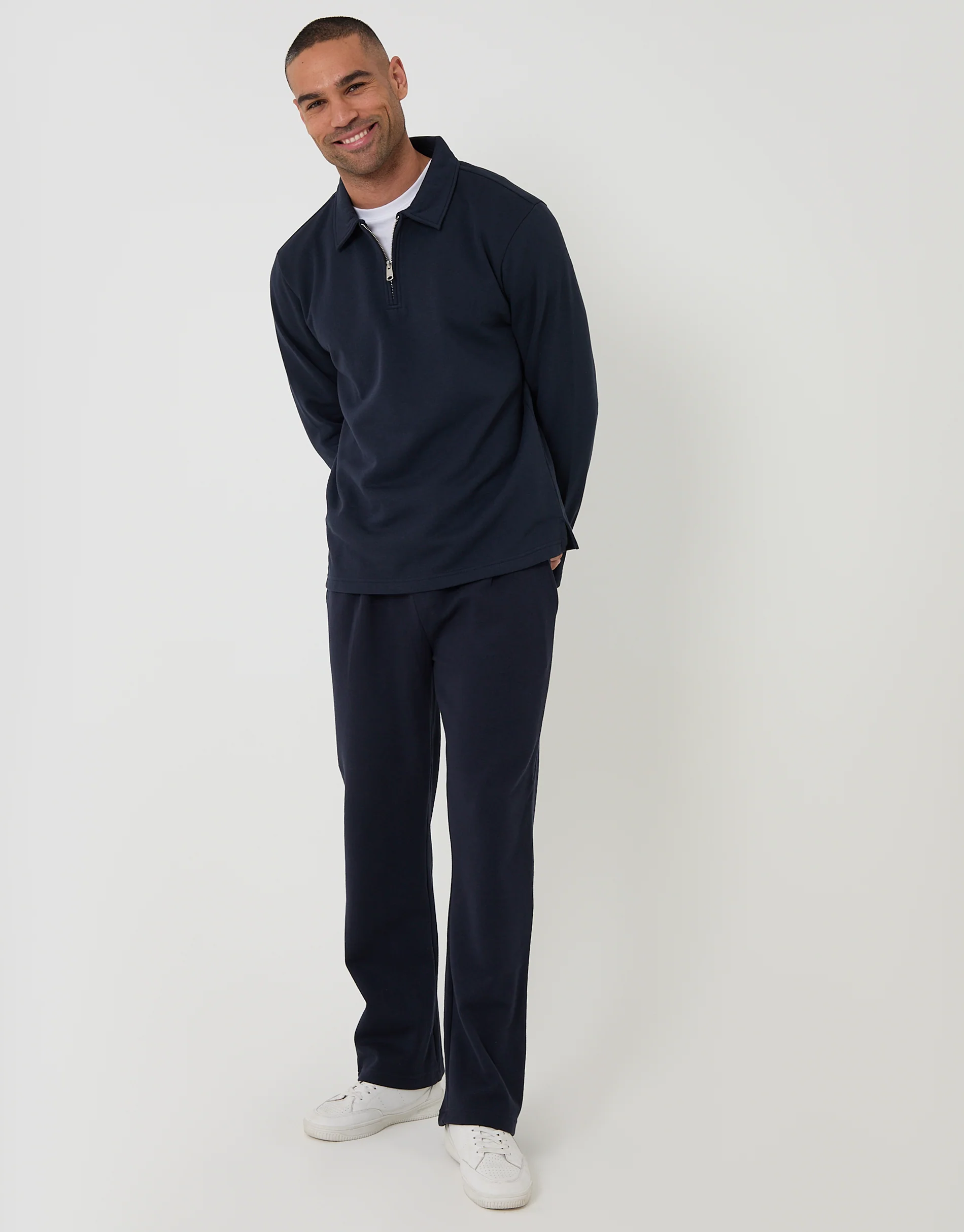 Quarter Zip Long Sleeve Polo Sweatshirt in Navy - Image 3