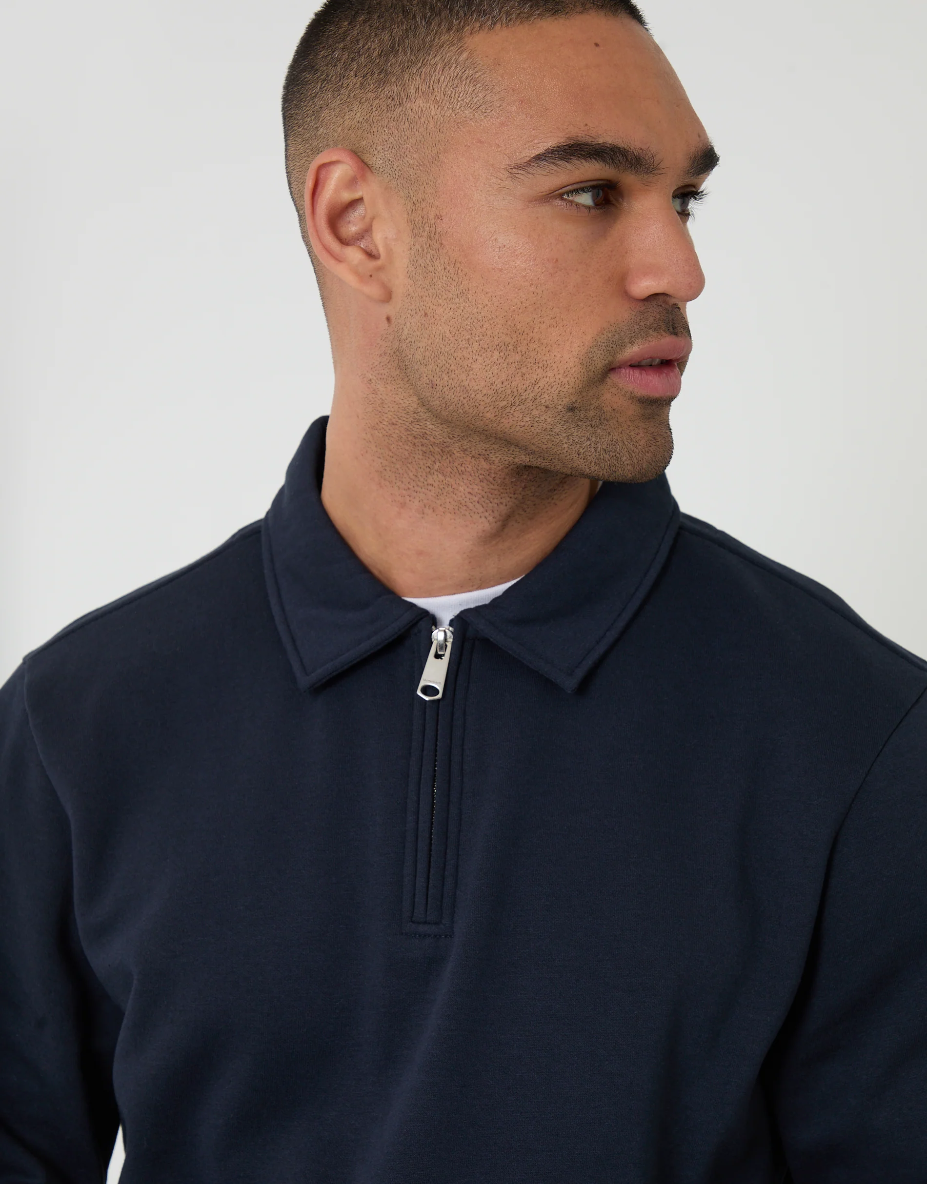 Quarter Zip Long Sleeve Polo Sweatshirt in Navy - Image 4