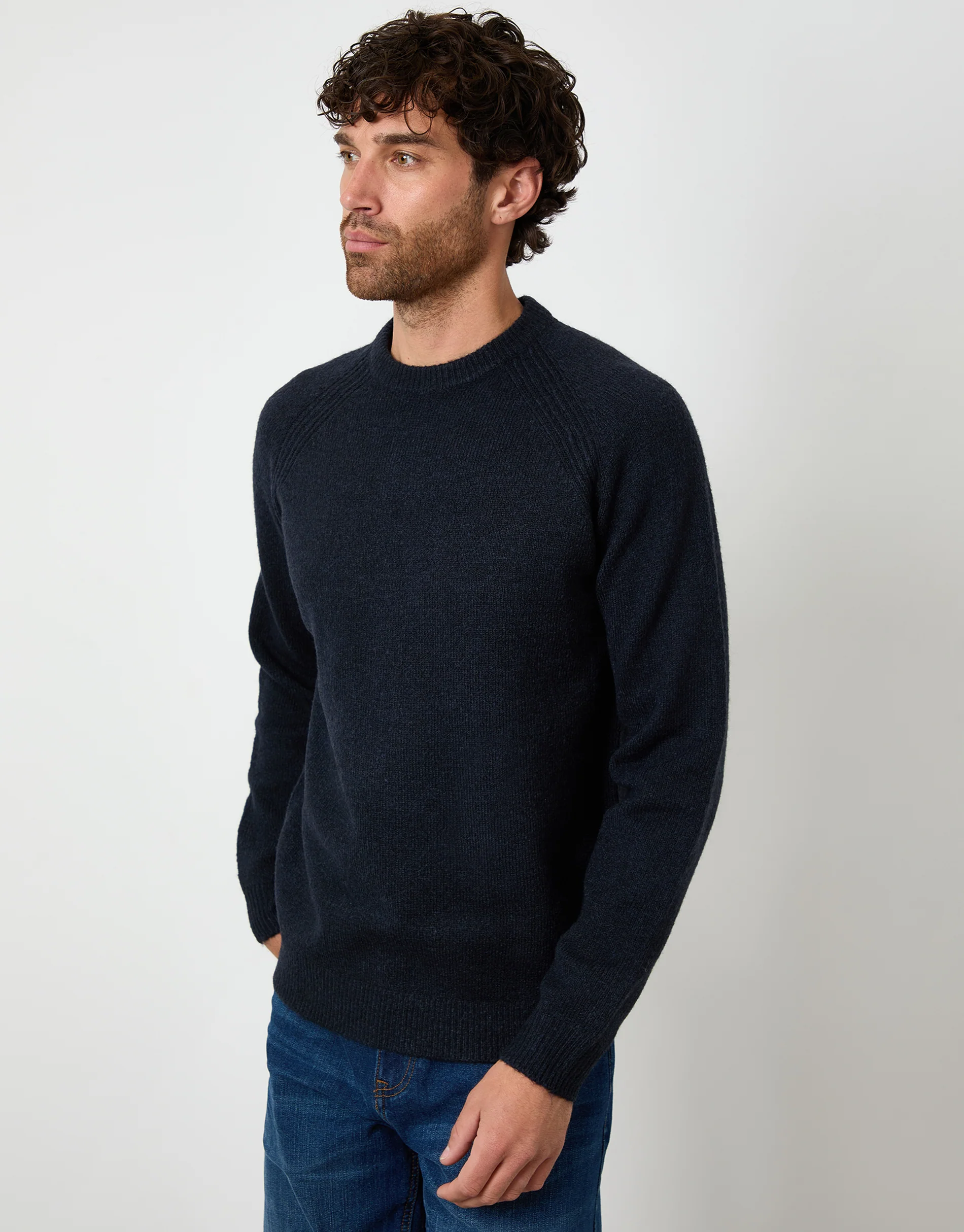 Raglan Rib Knitted Crew Neck Jumper in Navy