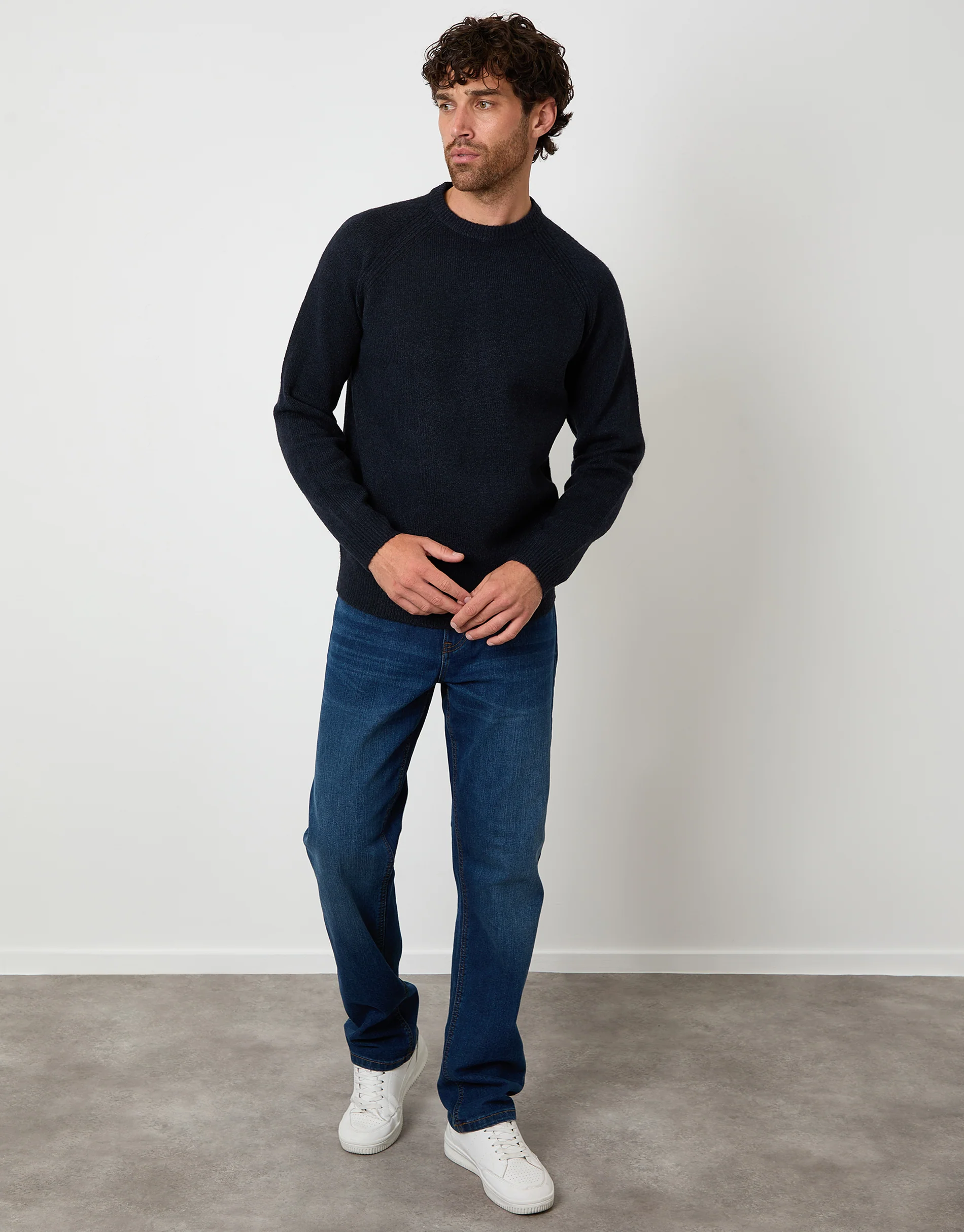Raglan Rib Knitted Crew Neck Jumper in Navy - Image 3