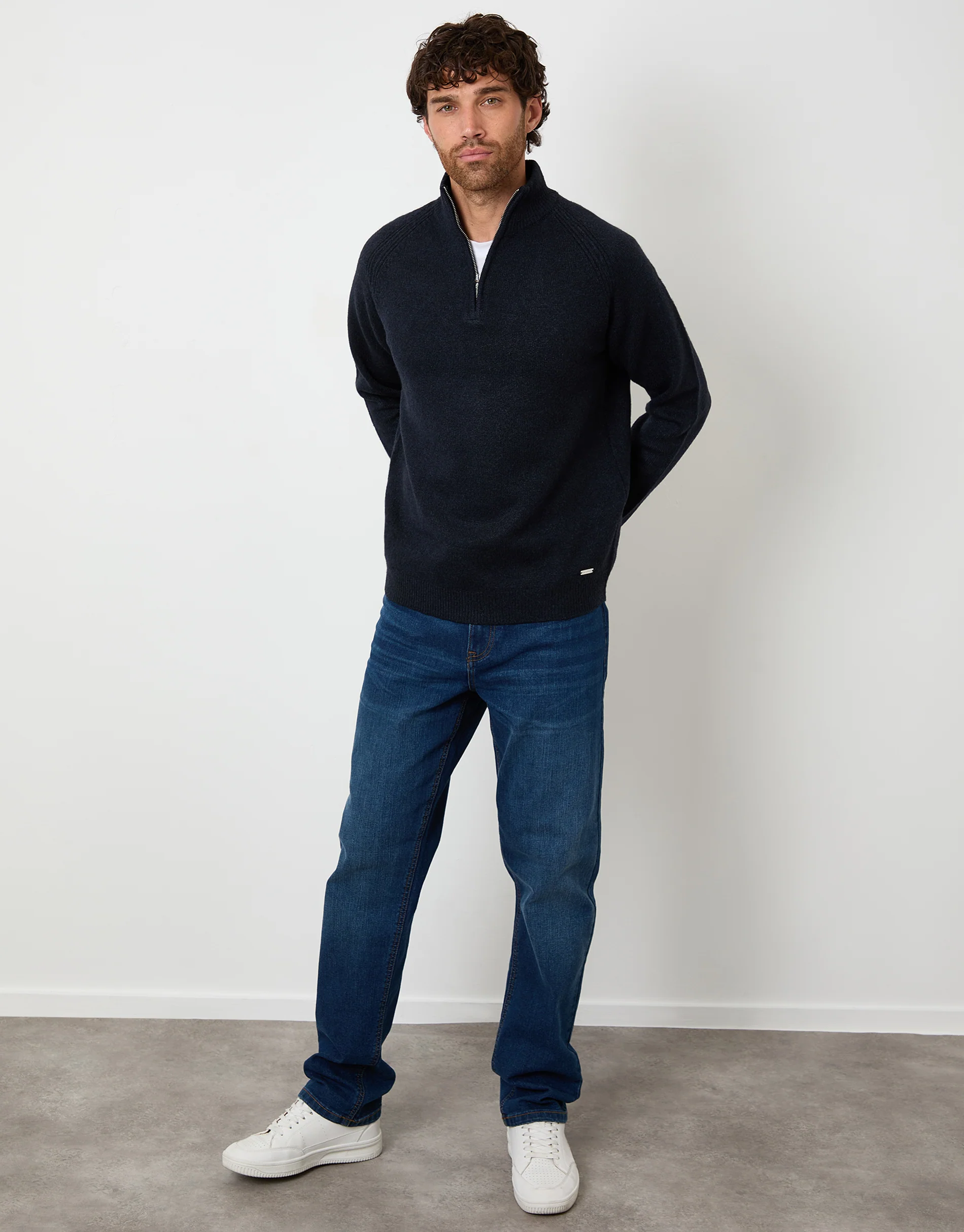 Raglan Rib Quarter Zip Knitted Jumper in Navy - Image 3