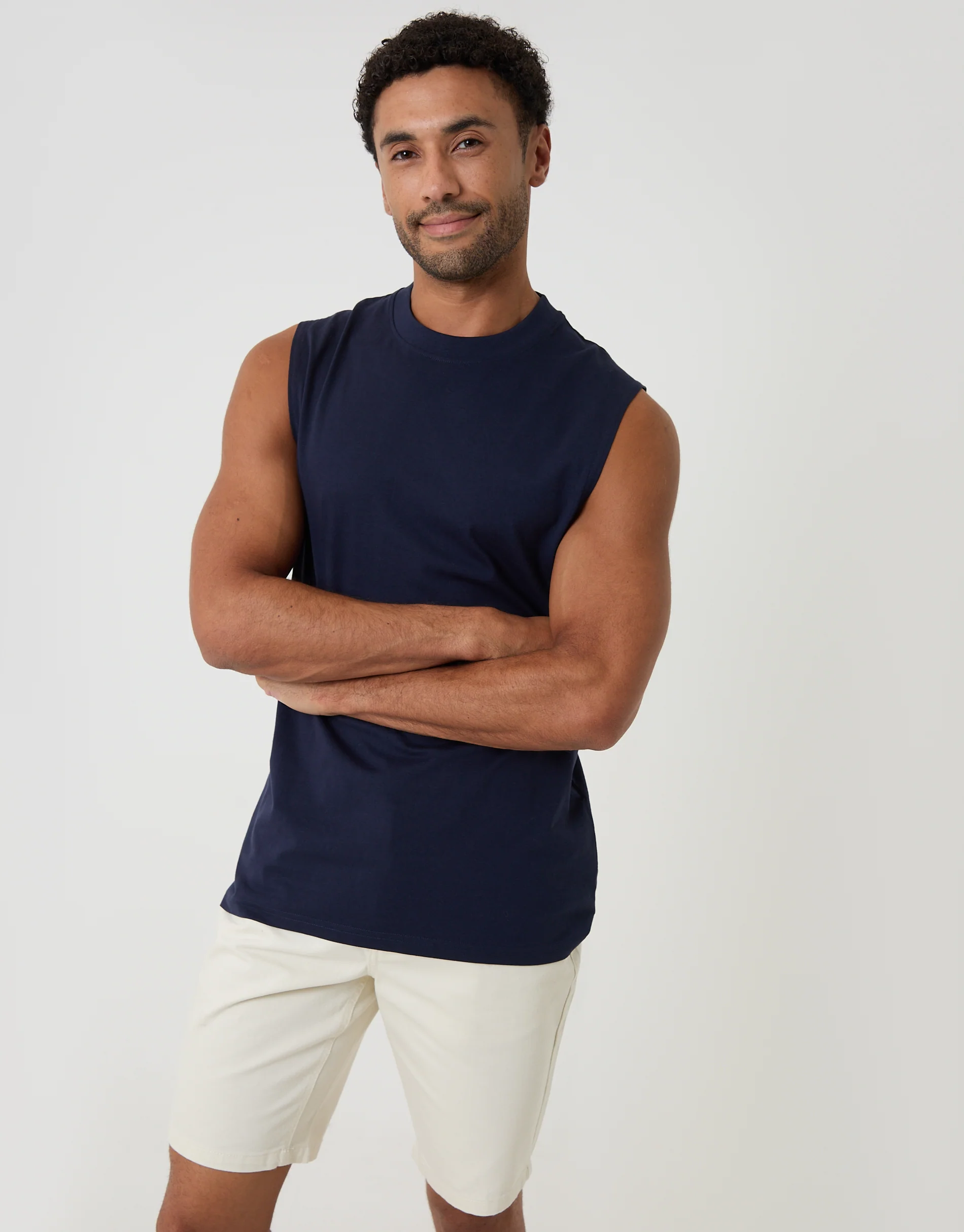 Relaxed Fit Cotton Crew Neck Vest in Navy