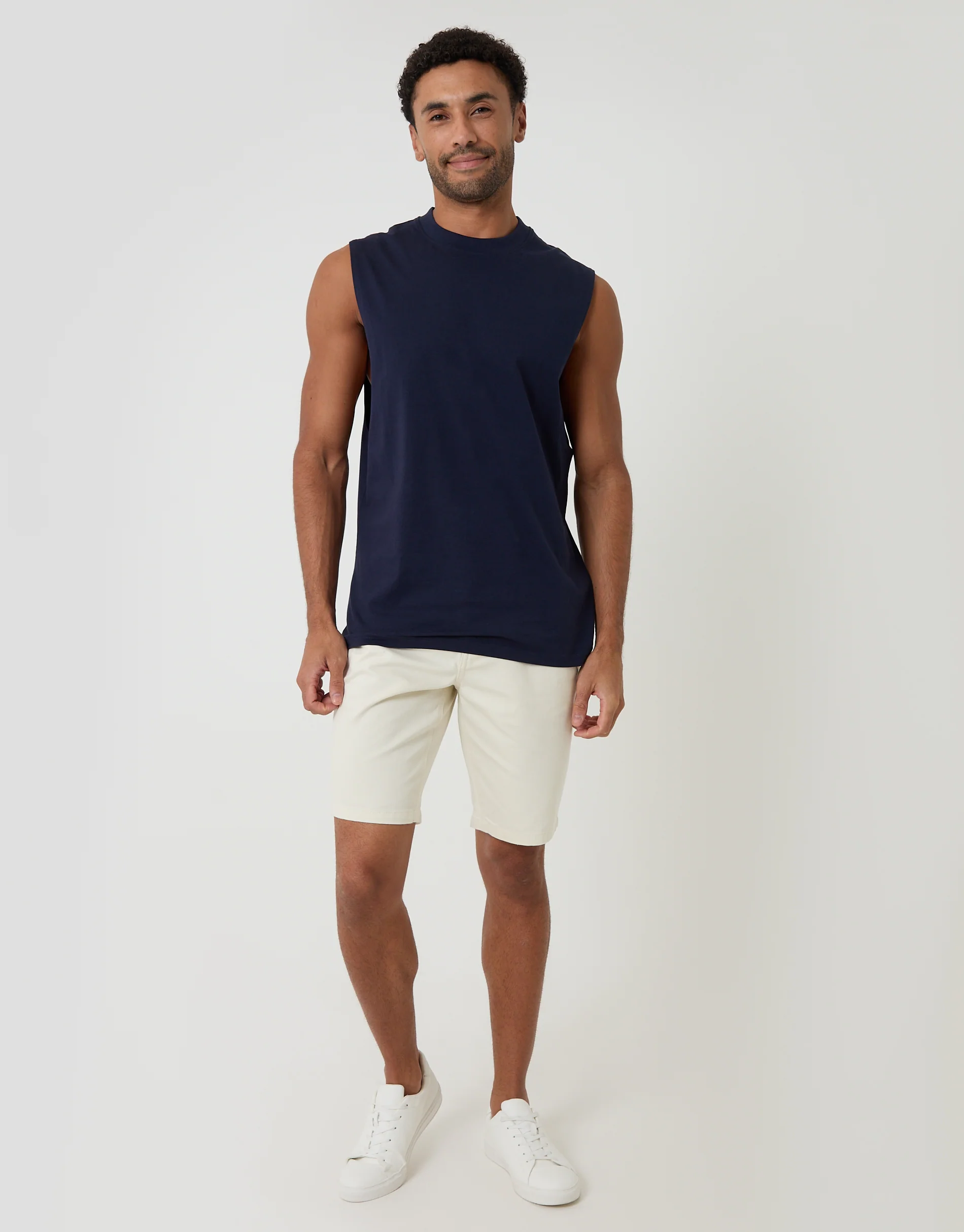 Relaxed Fit Cotton Crew Neck Vest in Navy - Image 3
