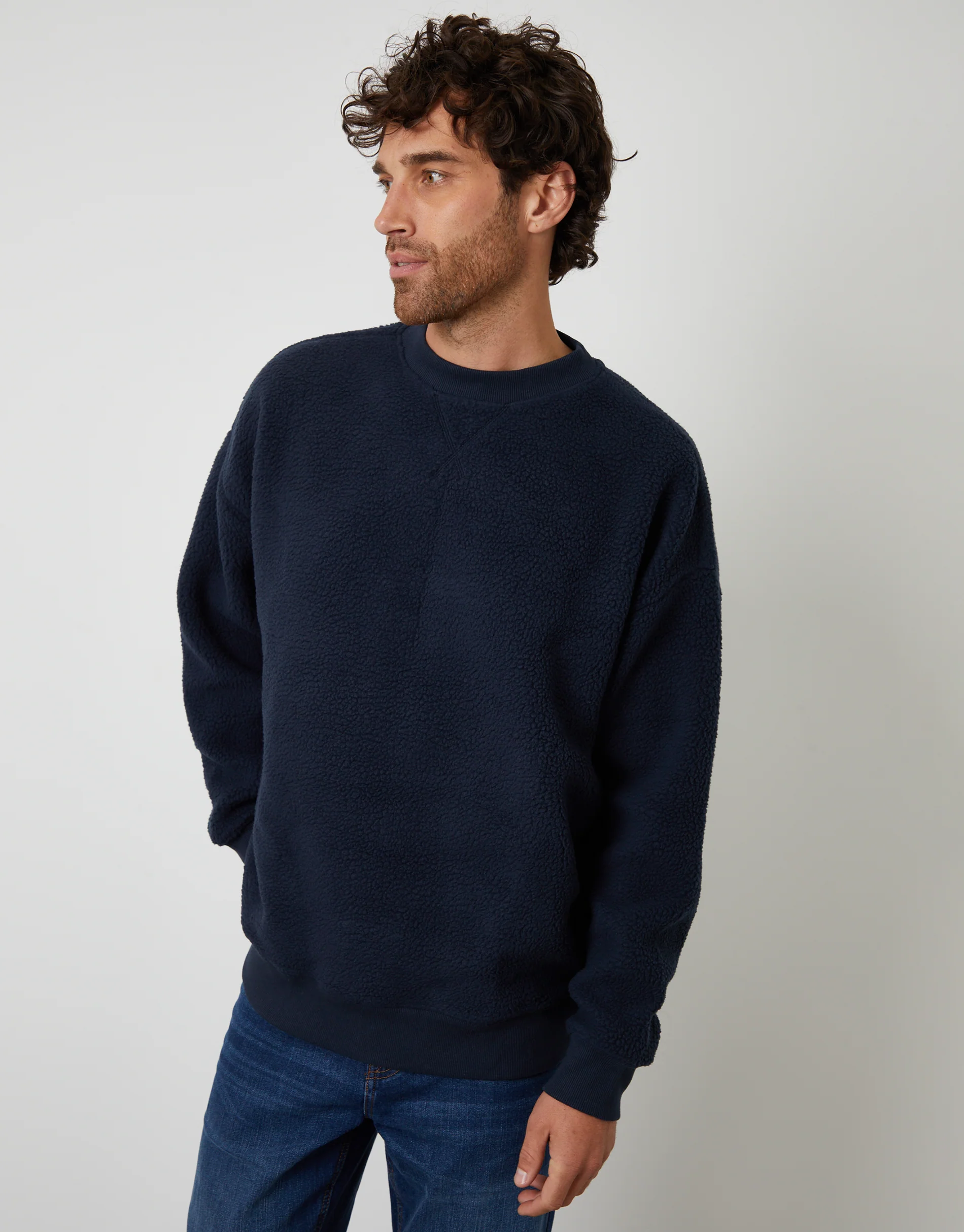 Relaxed Fit Crew Neck Borg Sweatshirt in Navy