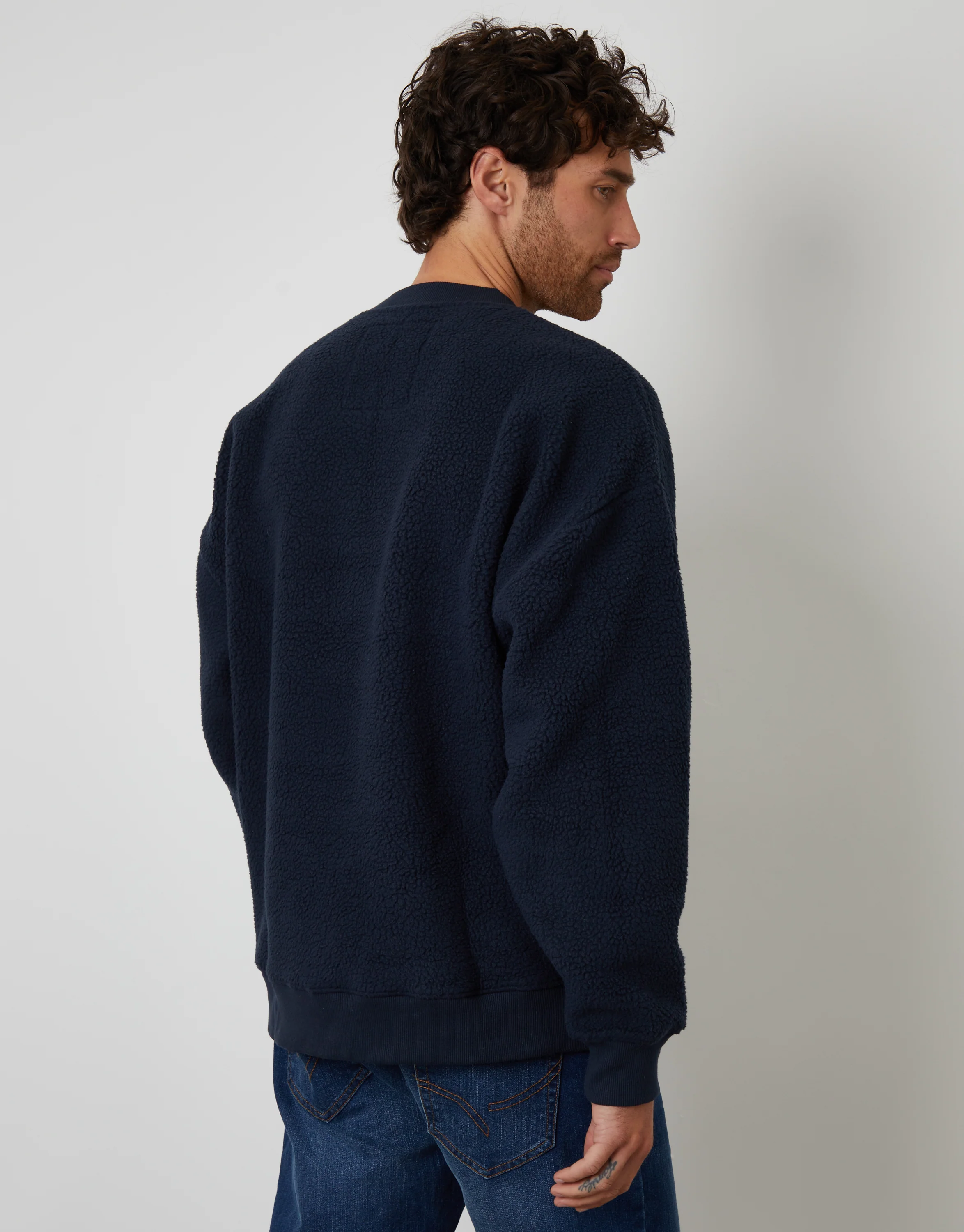 Relaxed Fit Crew Neck Borg Sweatshirt in Navy - Image 2
