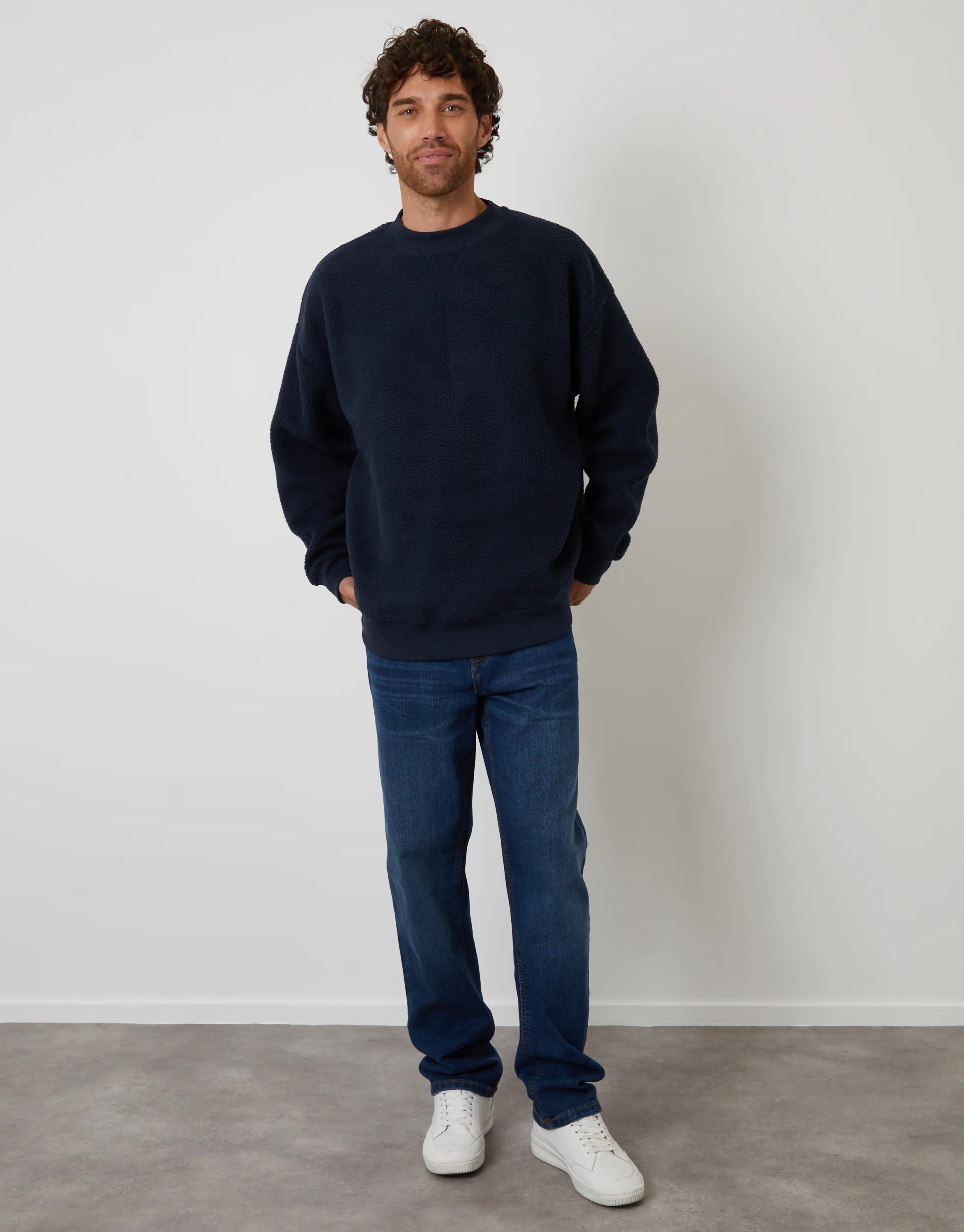 Relaxed Fit Crew Neck Borg Sweatshirt in Navy - Image 3