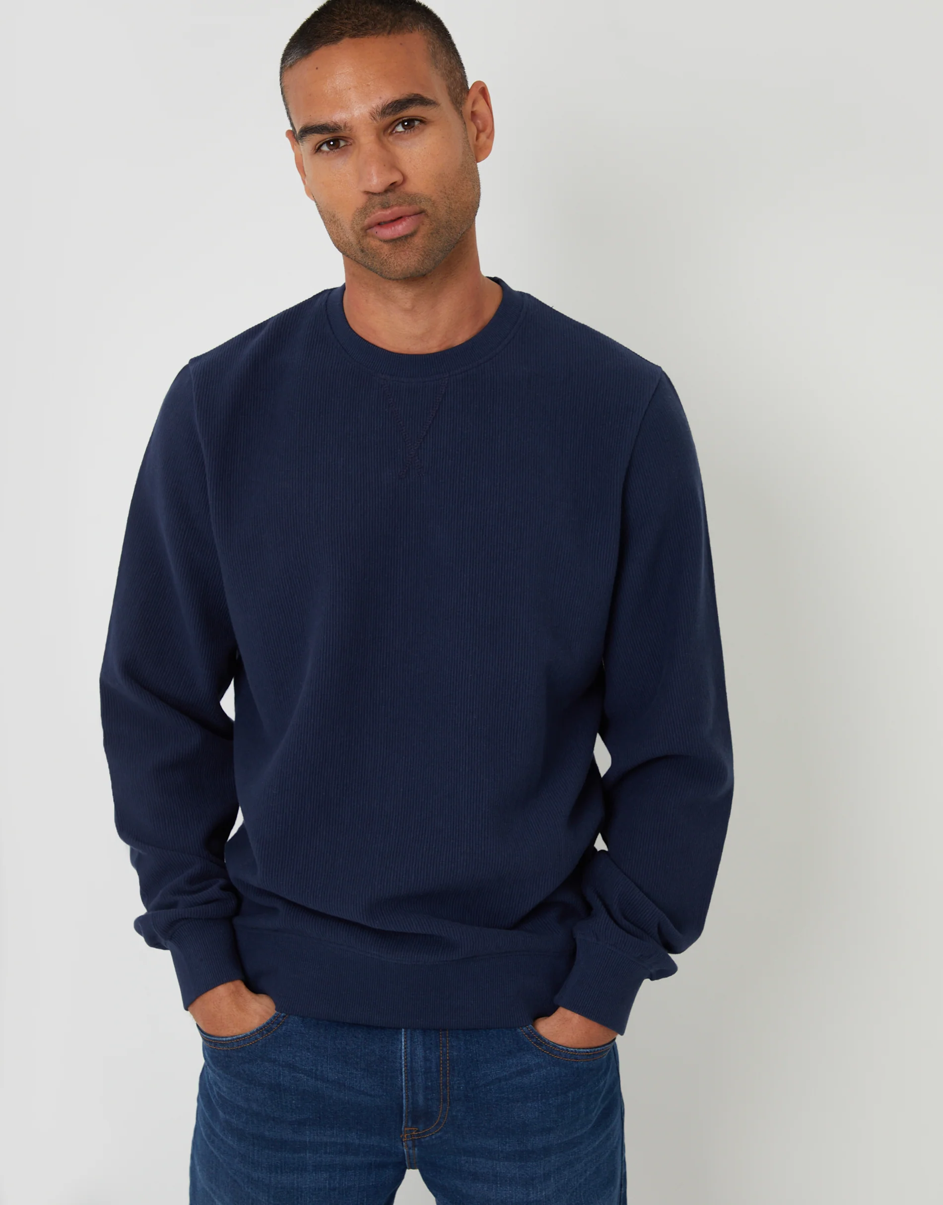 Relaxed Fit Rib Textured Crew Neck Sweatshirt in Navy