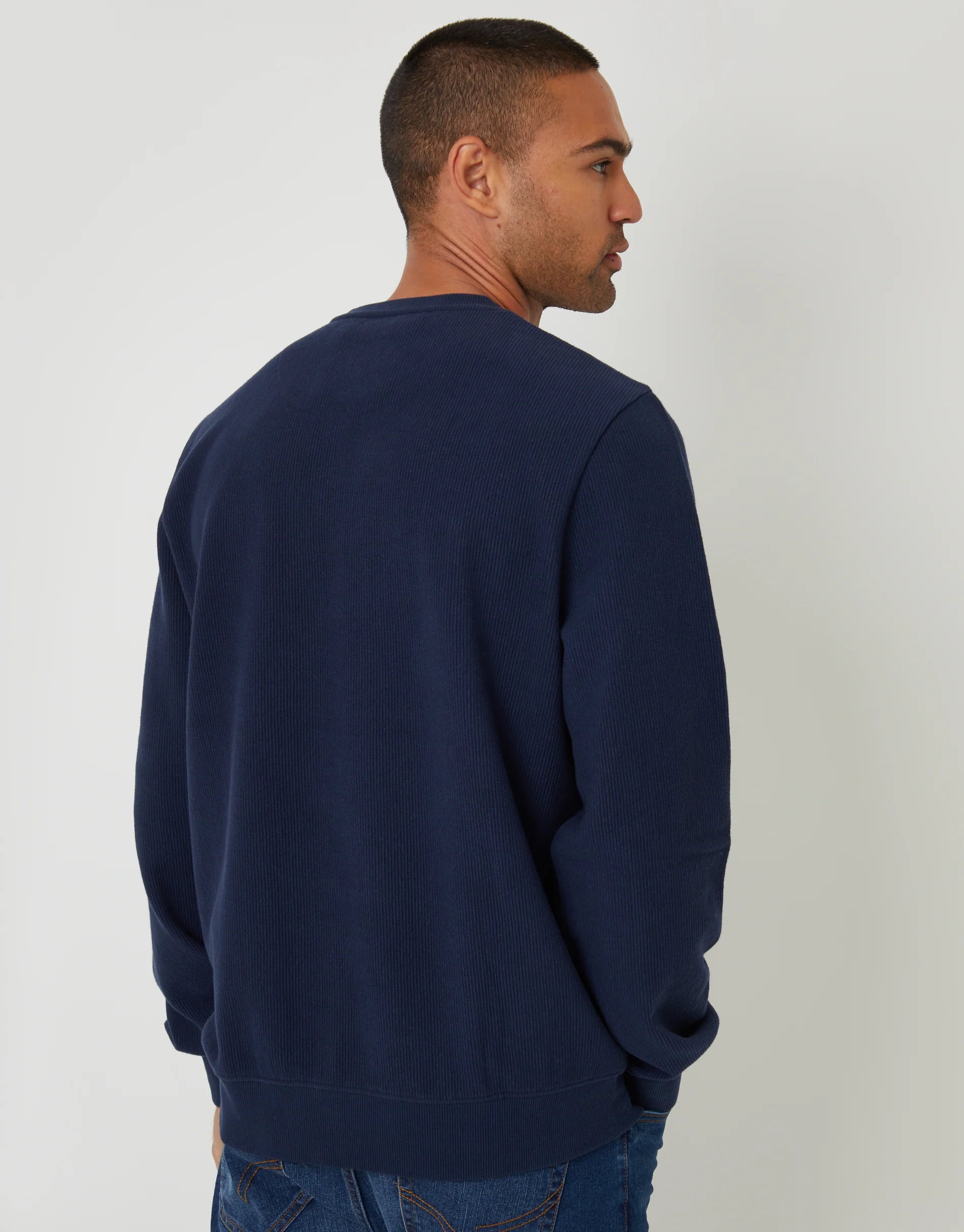Relaxed Fit Rib Textured Crew Neck Sweatshirt in Navy - Image 2