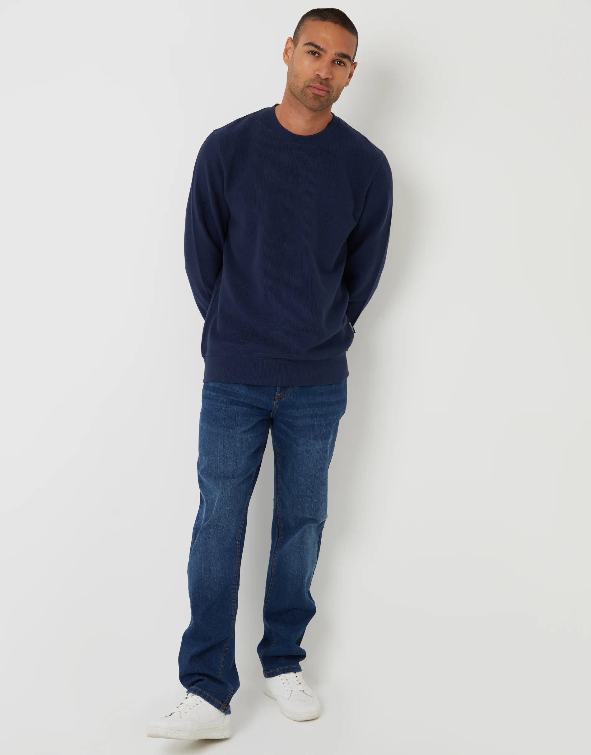 Relaxed Fit Rib Textured Crew Neck Sweatshirt in Navy - Image 3
