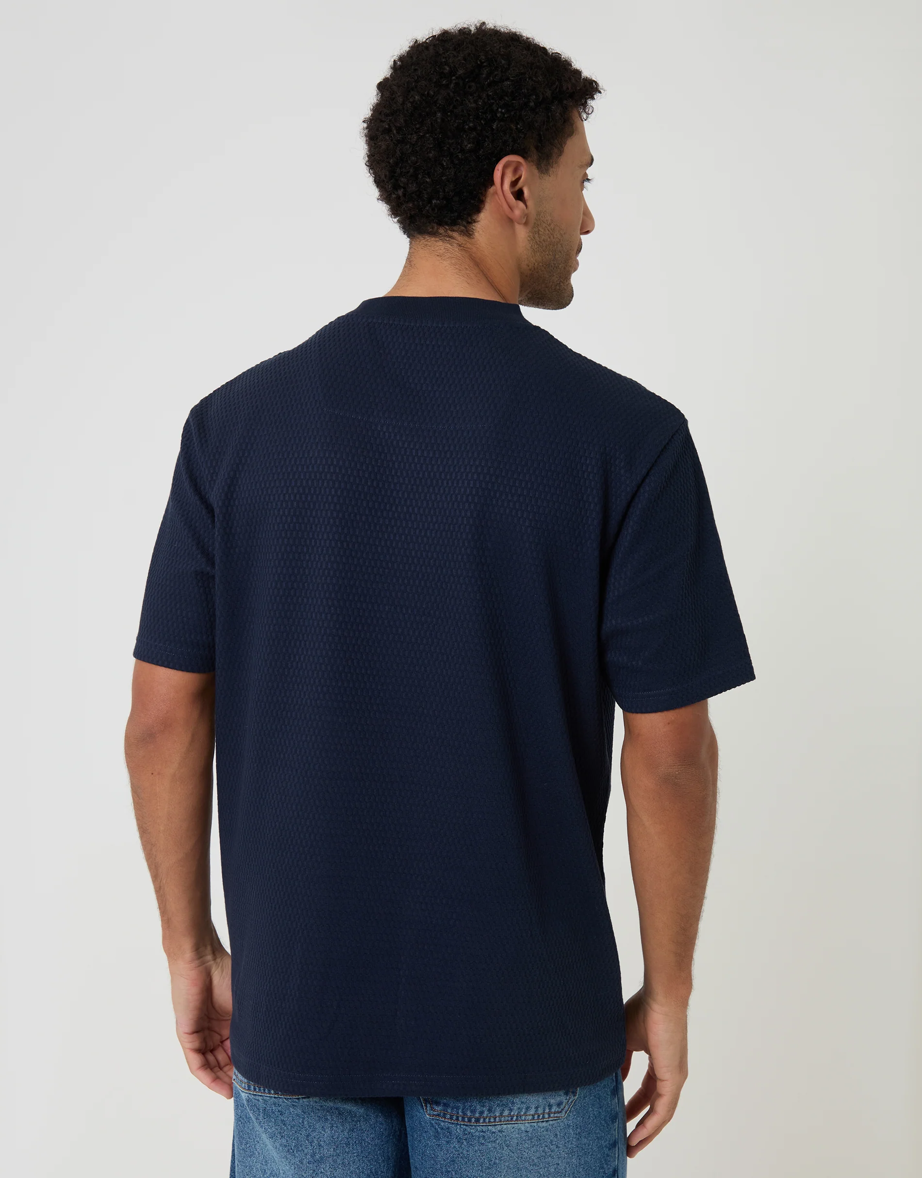 Relaxed Fit Textured Crew Neck T-Shirt in Navy - Image 2