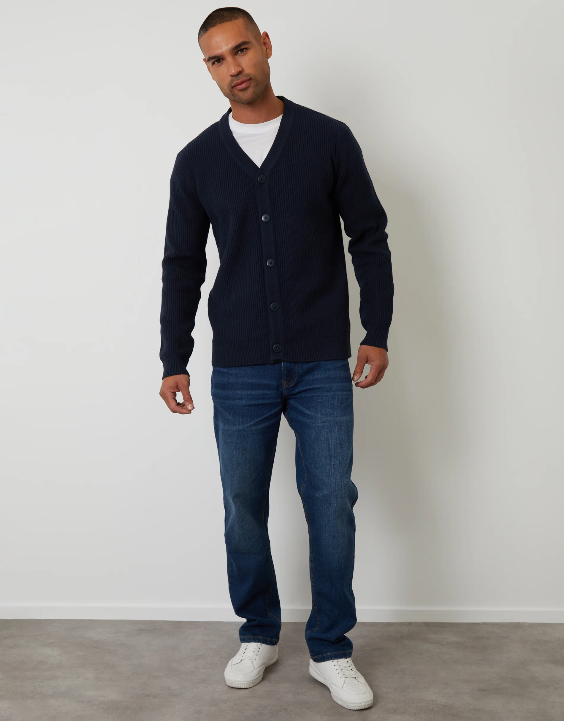 Rib Knit Button Up Cardigan in Navy - Image 3