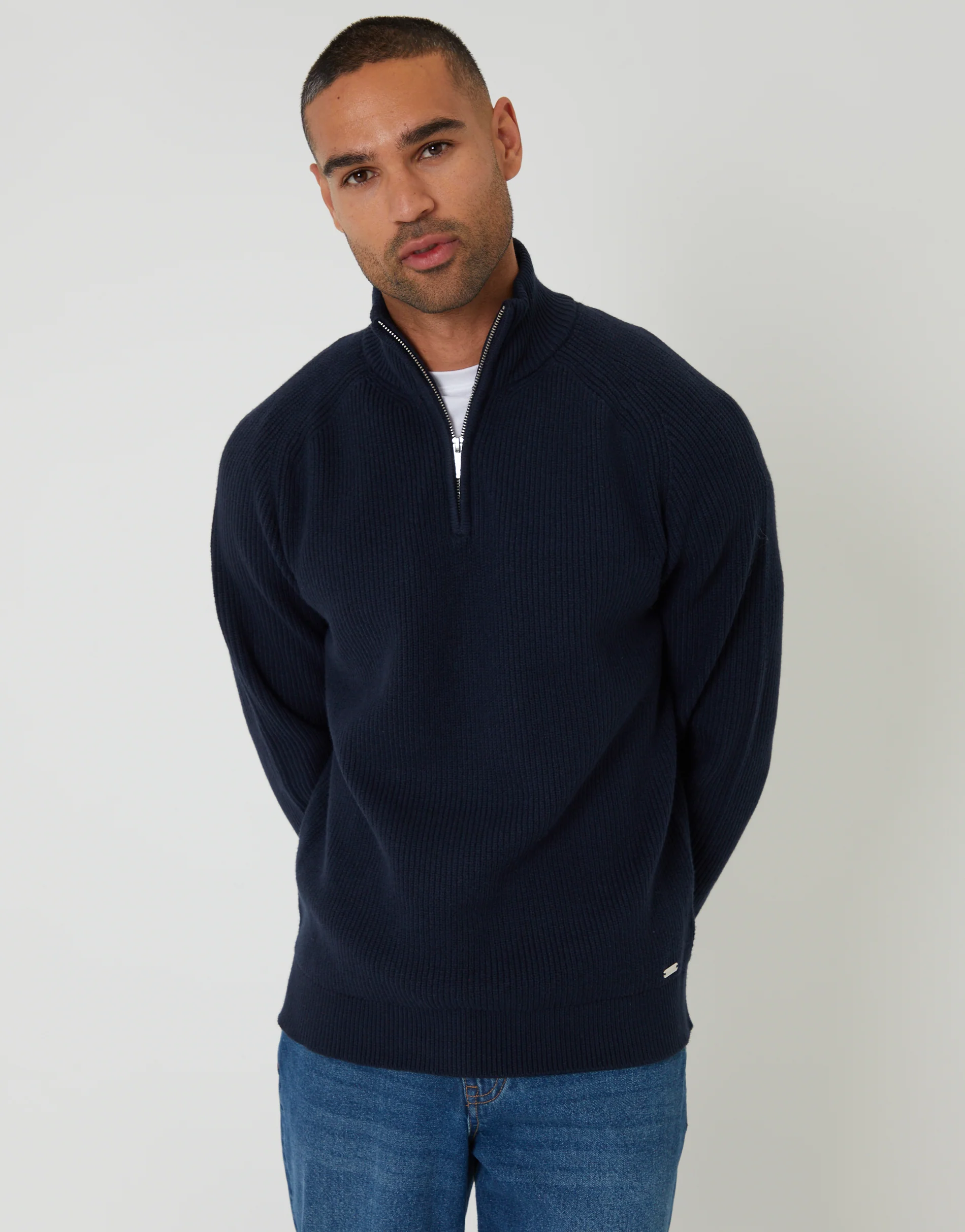 Rib Panel Quarter Zip Knitted Jumper in Navy