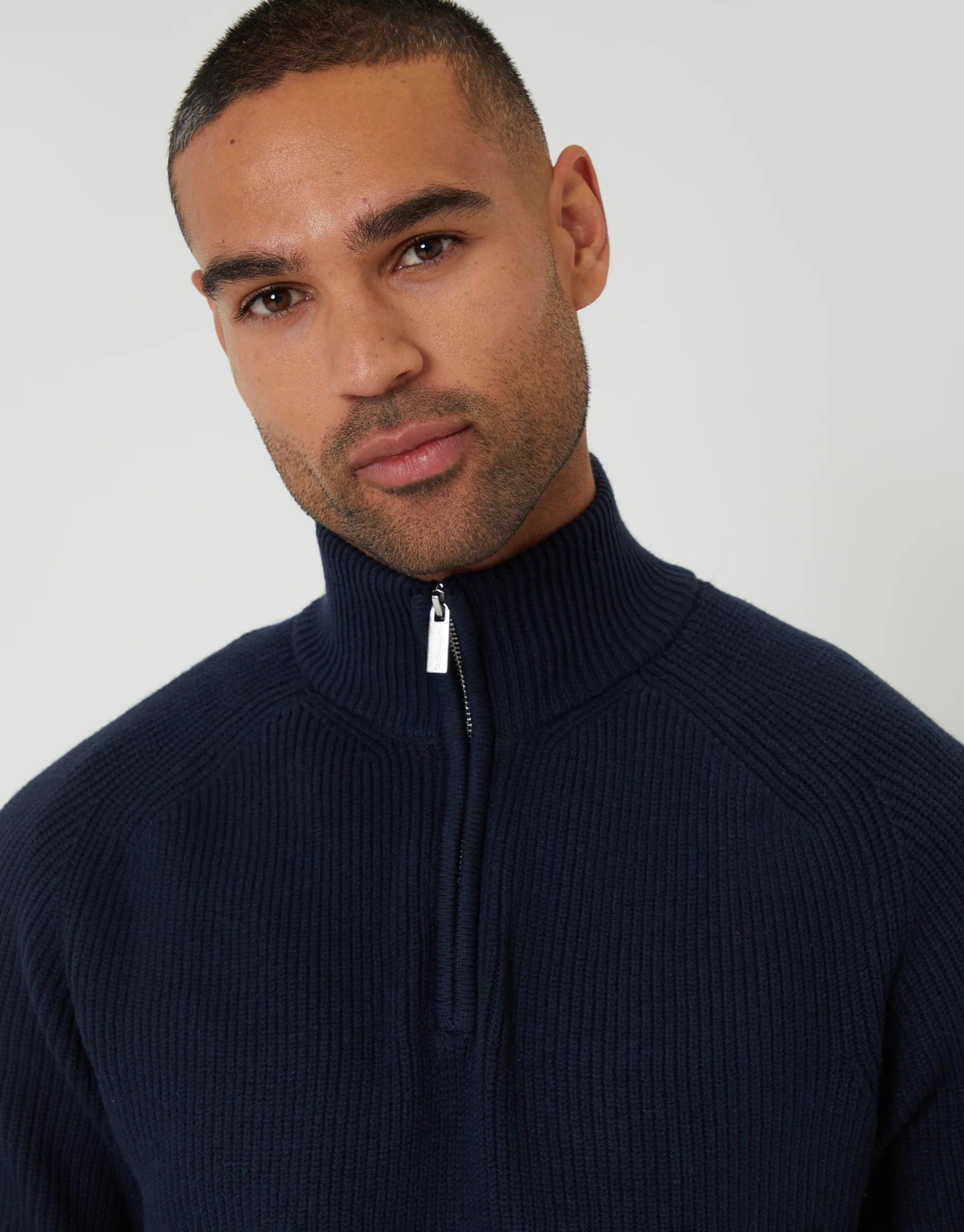 Rib Panel Quarter Zip Knitted Jumper in Navy - Image 4