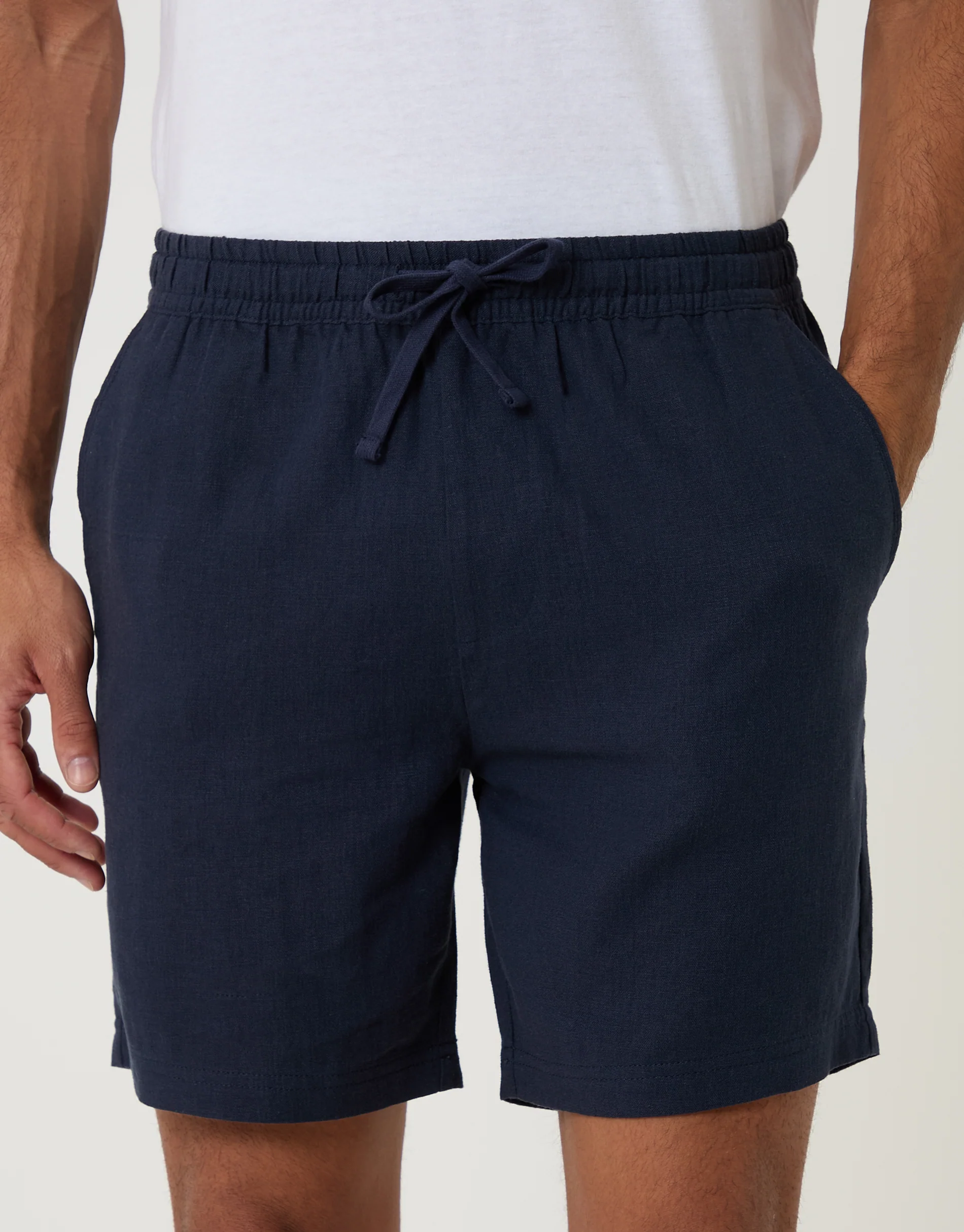 Shorter Length Elasticated Waist Linen Blend Shorts in Navy - Image 3