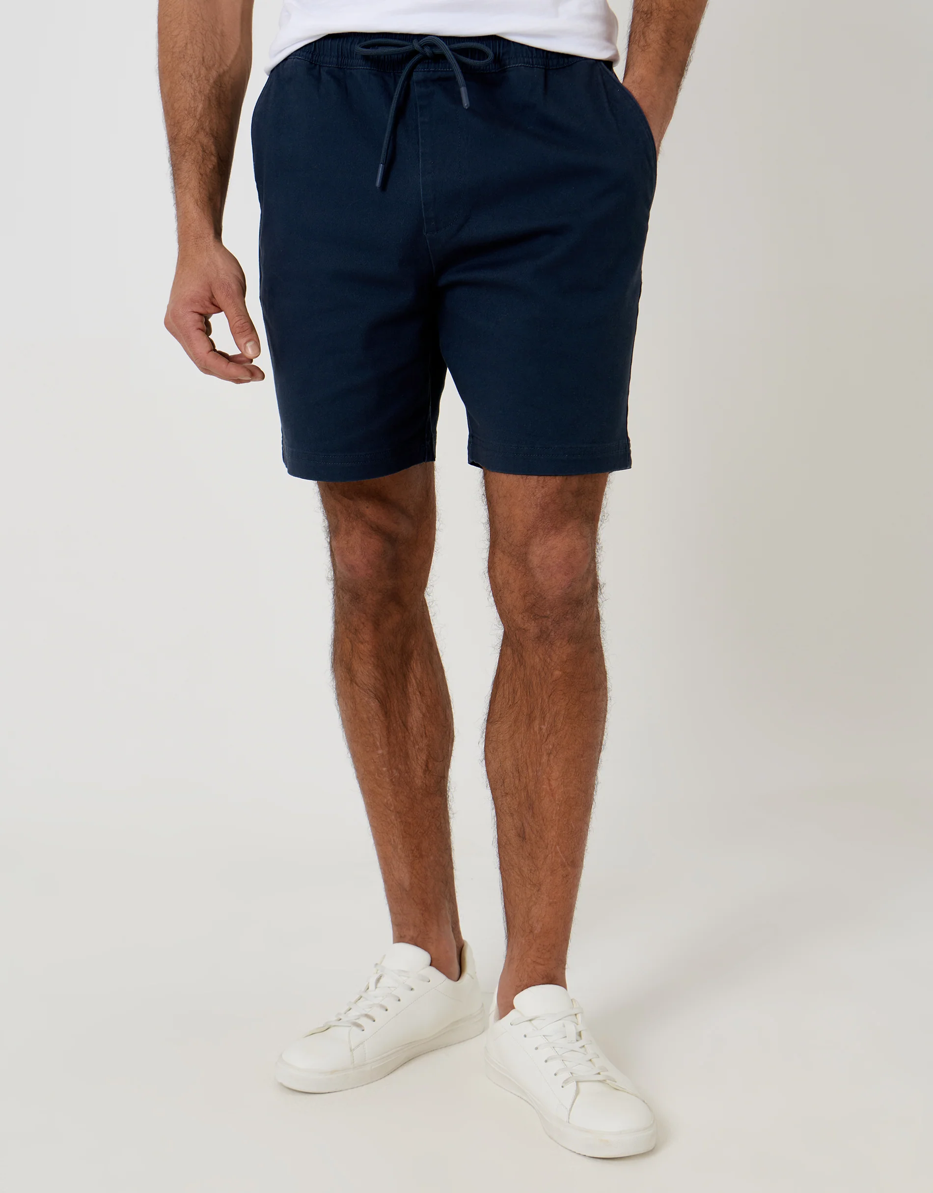 Shorter Length Elasticated Waist Stretch Chino Shorts in Navy - Image 2