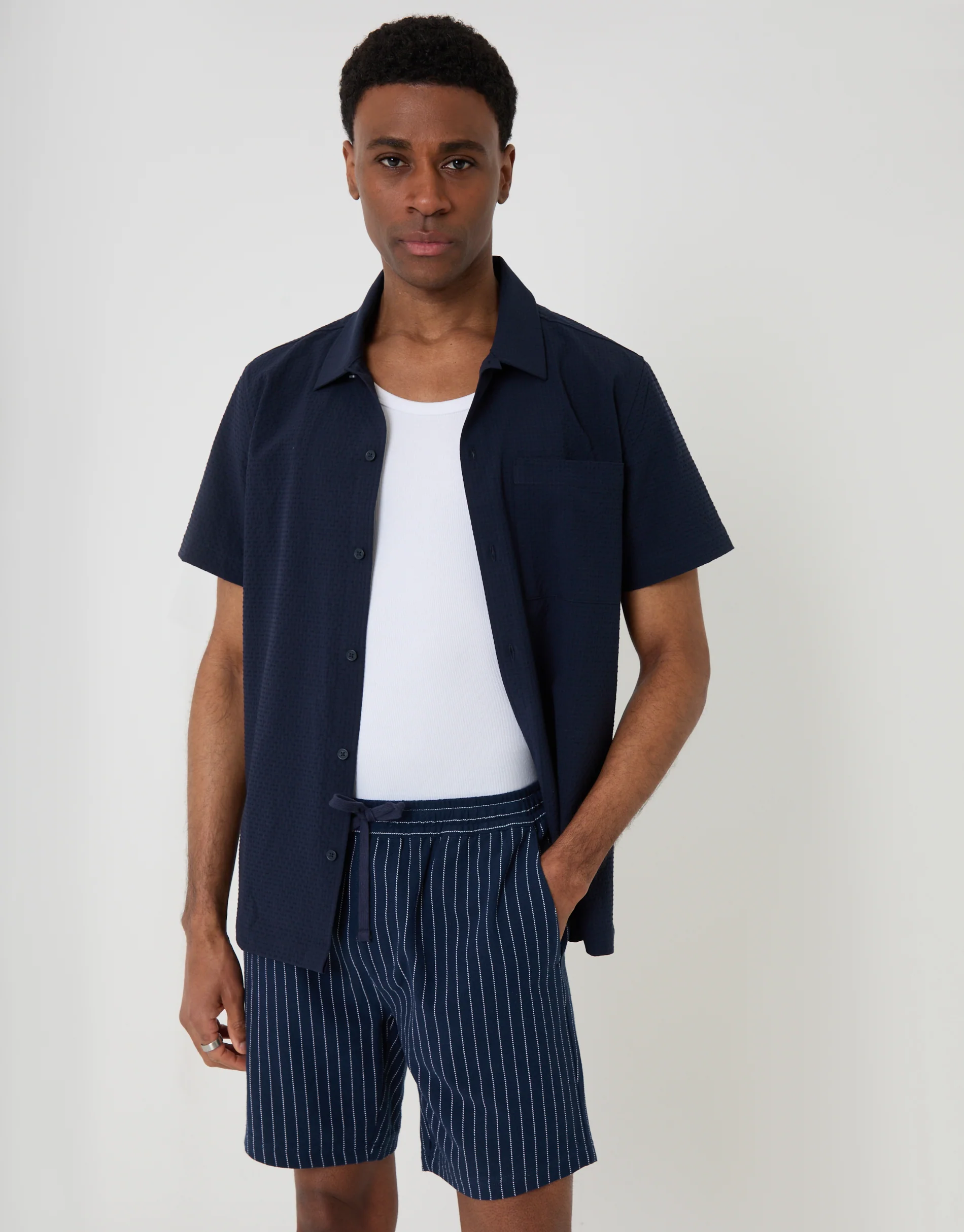 Shorter Length Cotton Shorts in Navy Stripe