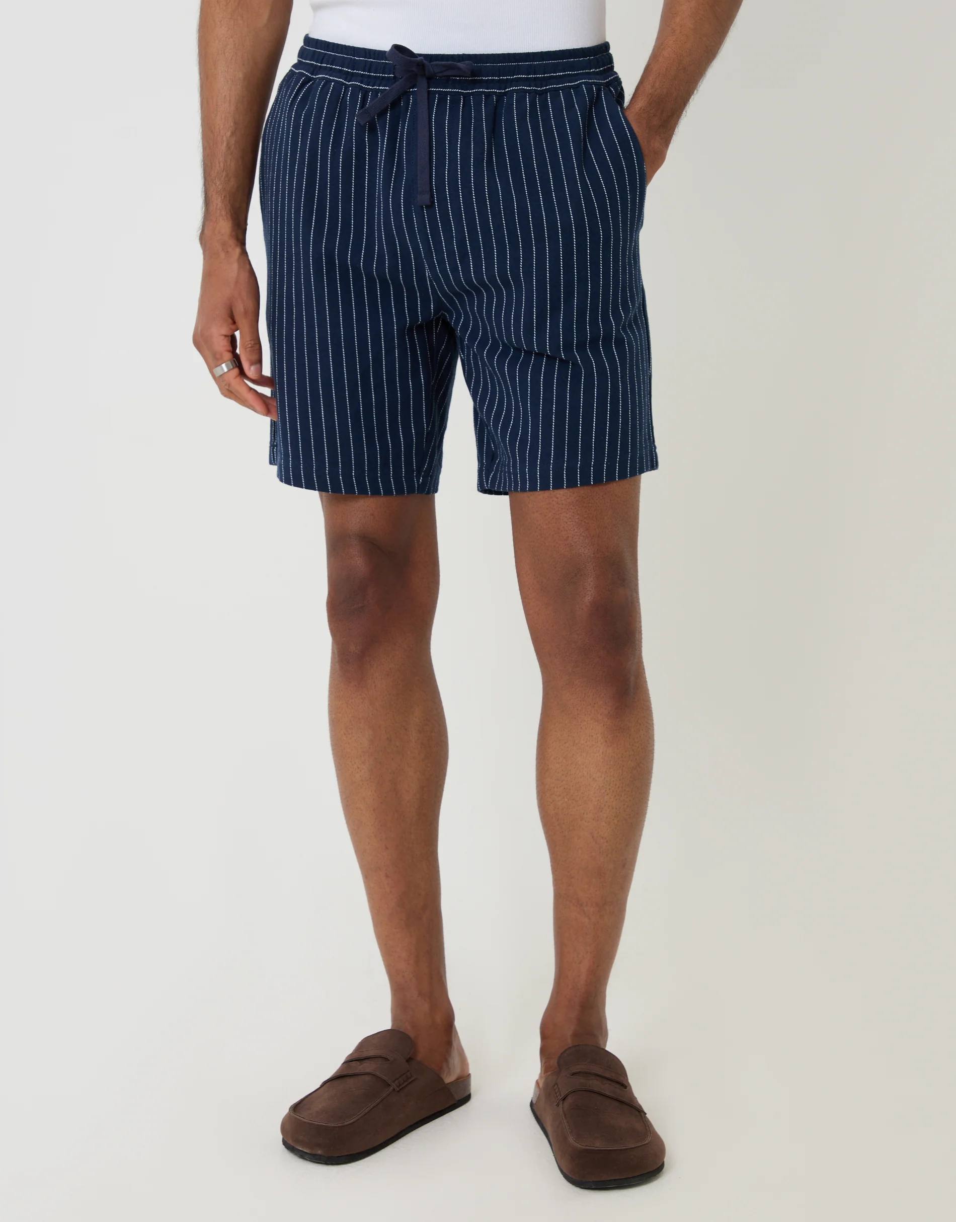 Shorter Length Cotton Shorts in Navy Stripe - Image 2