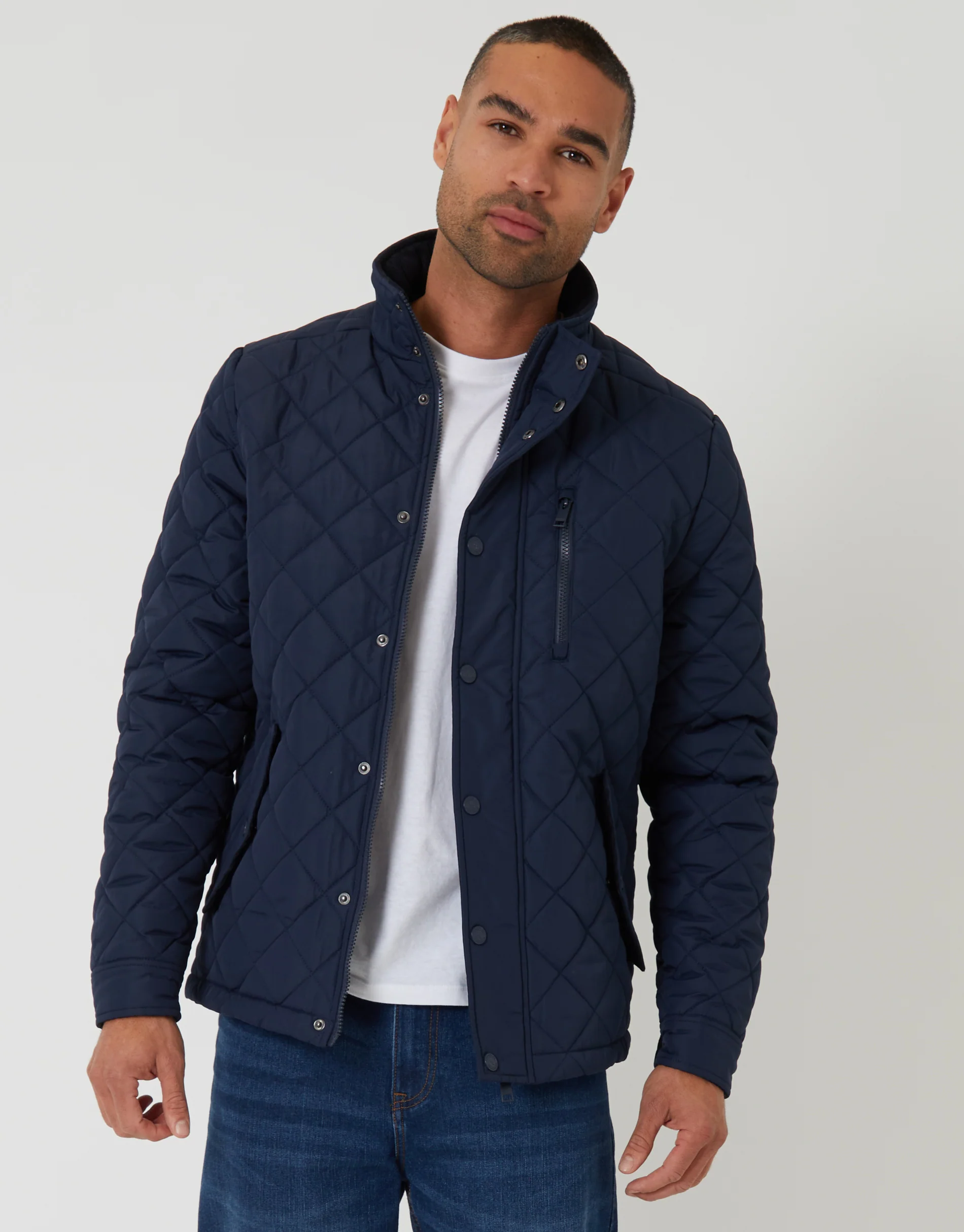 Showerproof Funnel Neck Diamond Quilted Jacket in Navy