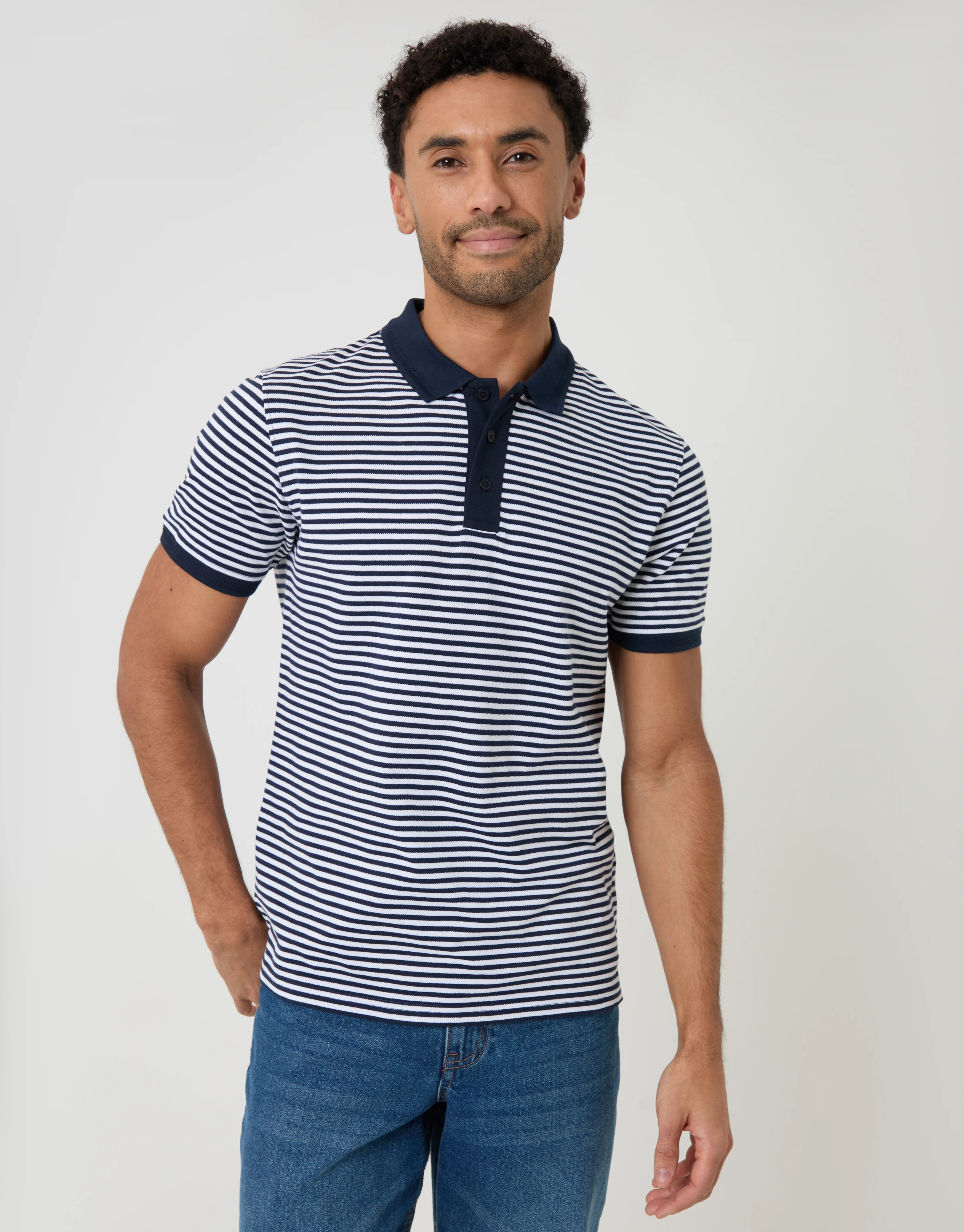 Cotton Pique Polo Shirt in Navy Stripe