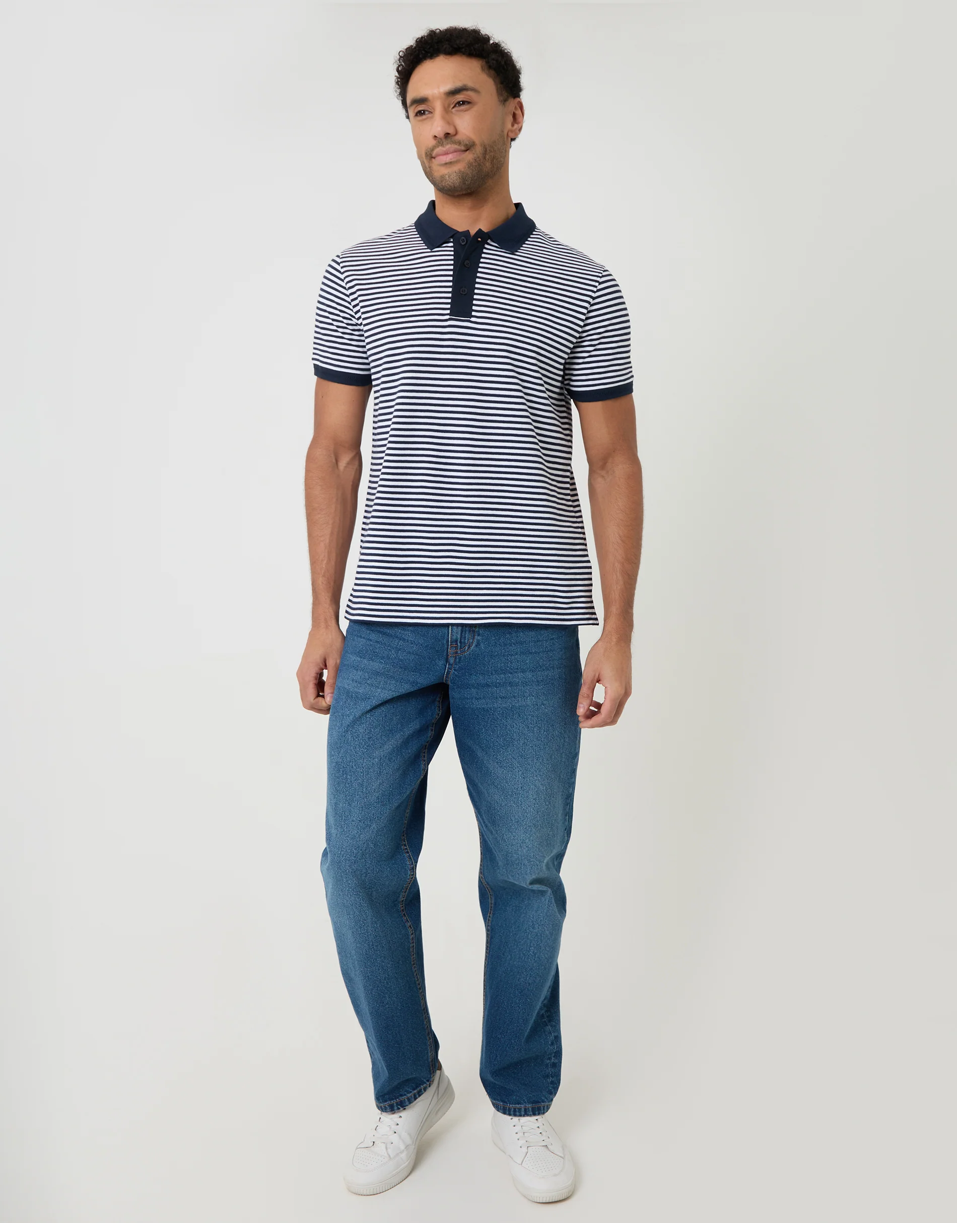 Cotton Pique Polo Shirt in Navy Stripe - Image 3