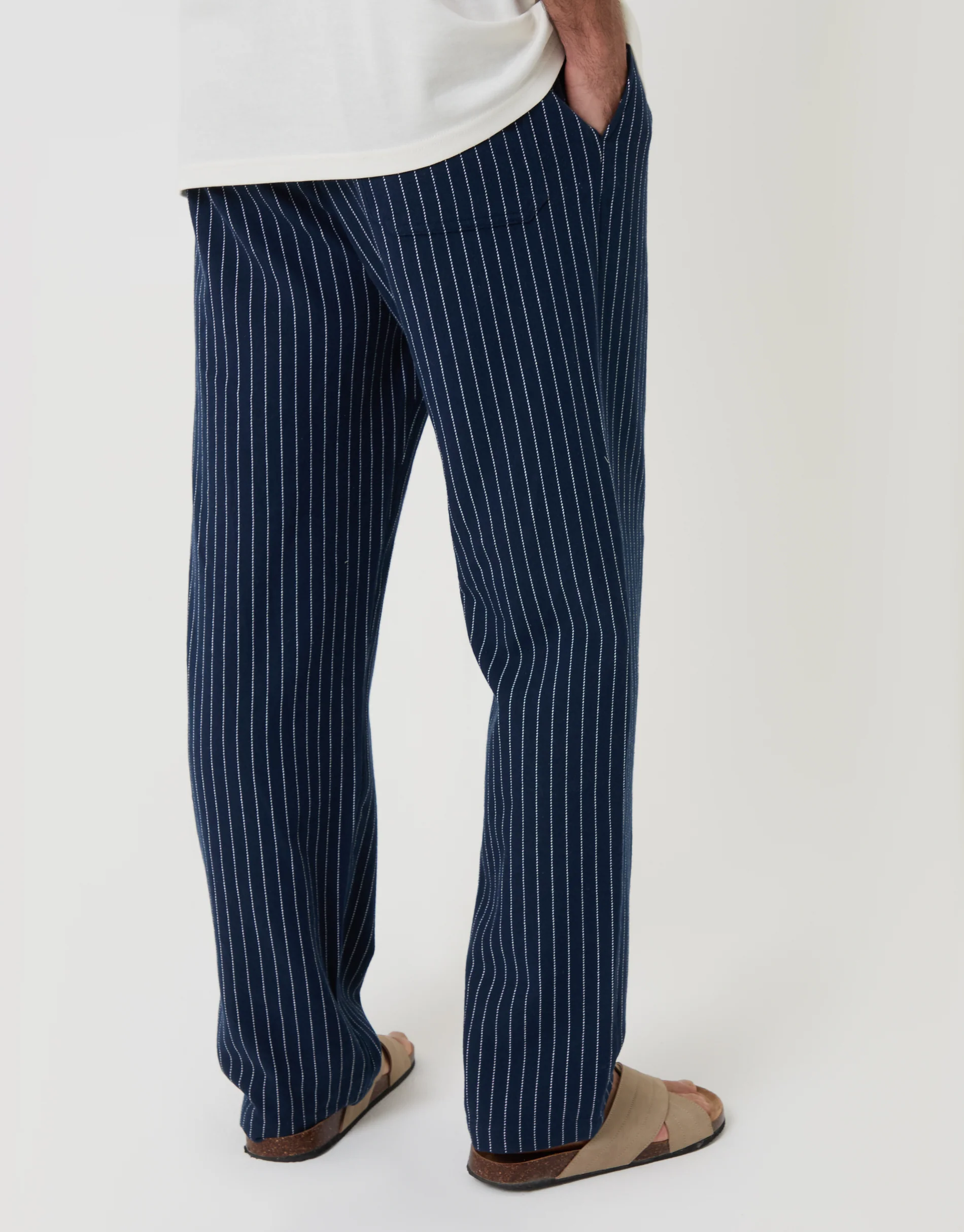 Straight Fit Cotton Trousers in Navy Stripe - Image 3
