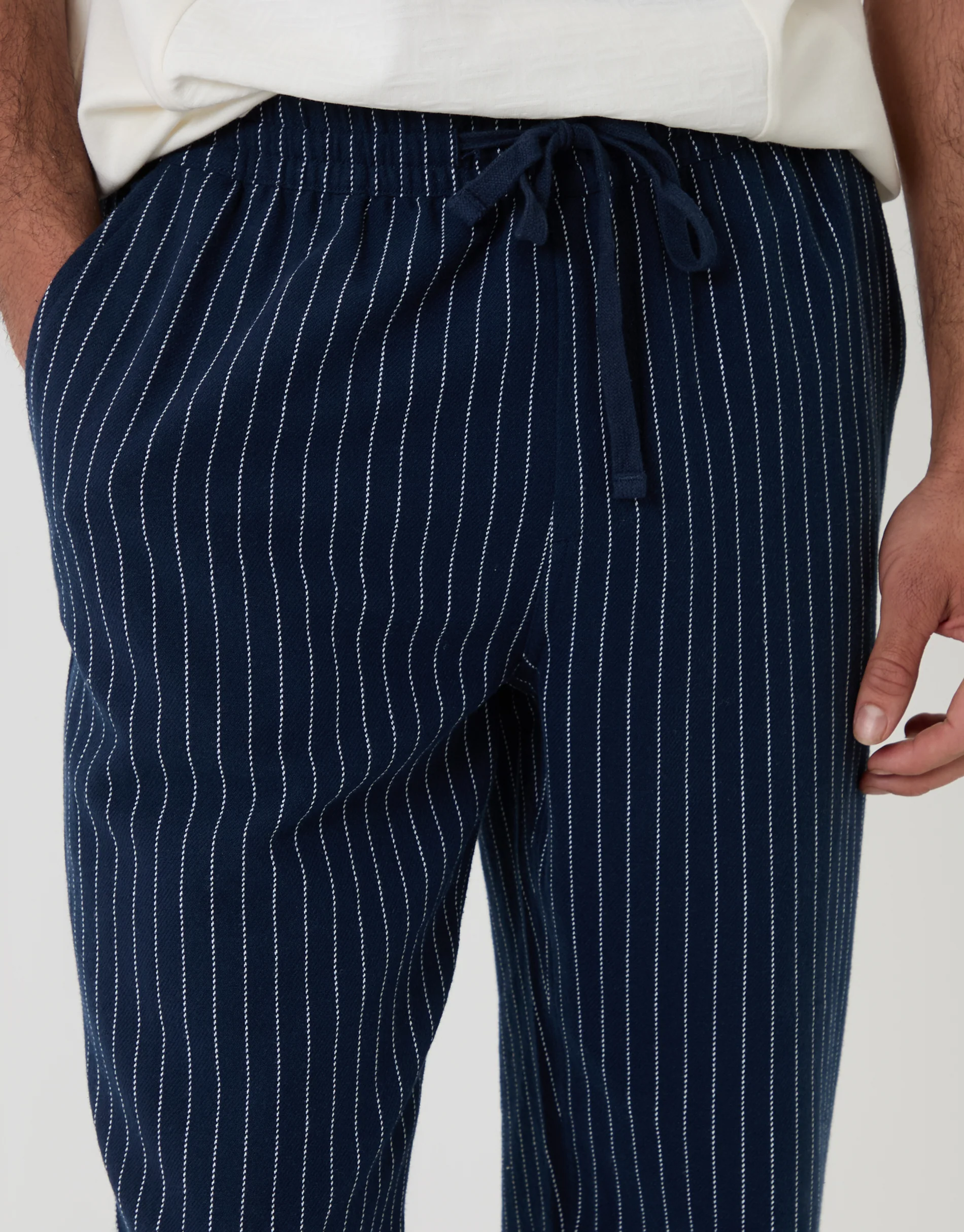 Straight Fit Cotton Trousers in Navy Stripe - Image 4