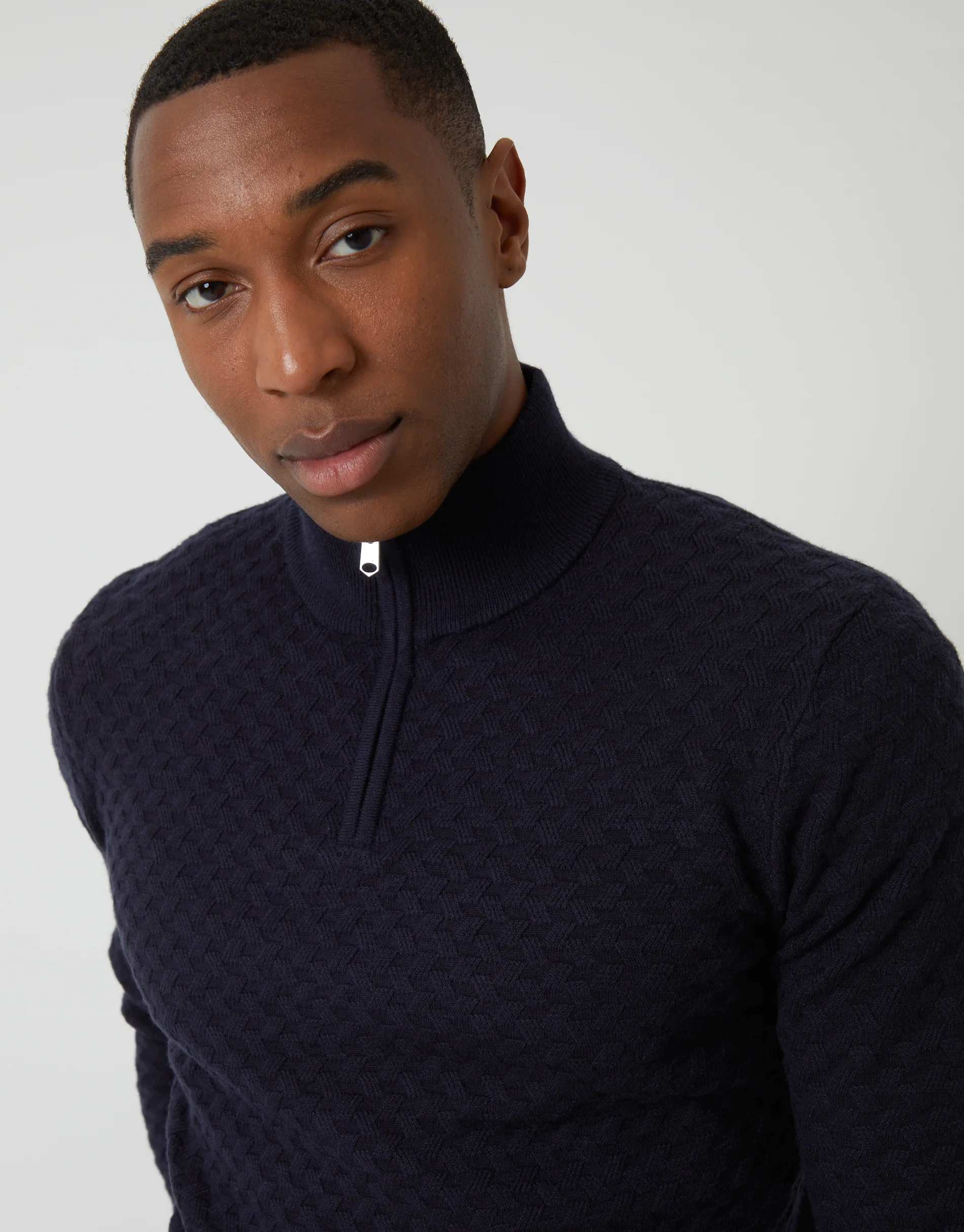 Textured Cable Knit Quarter Zip Jumper in Navy - Image 4
