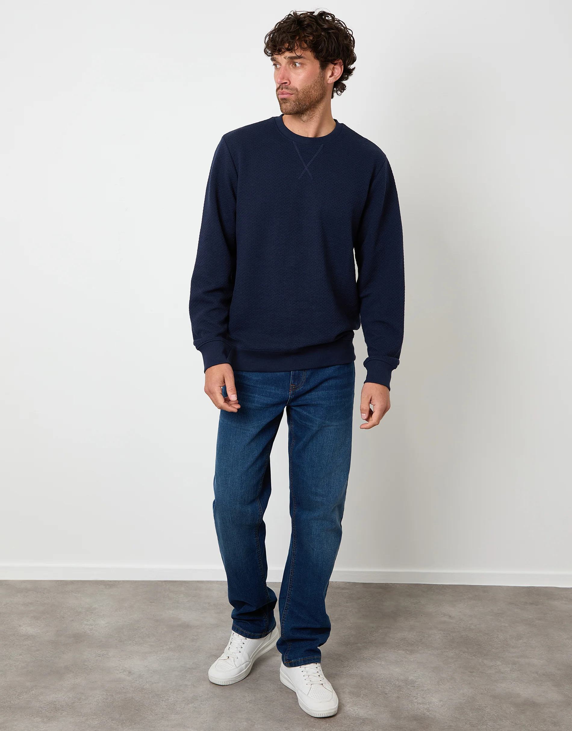 Textured Crew Neck Sweatshirt in Navy - Image 3