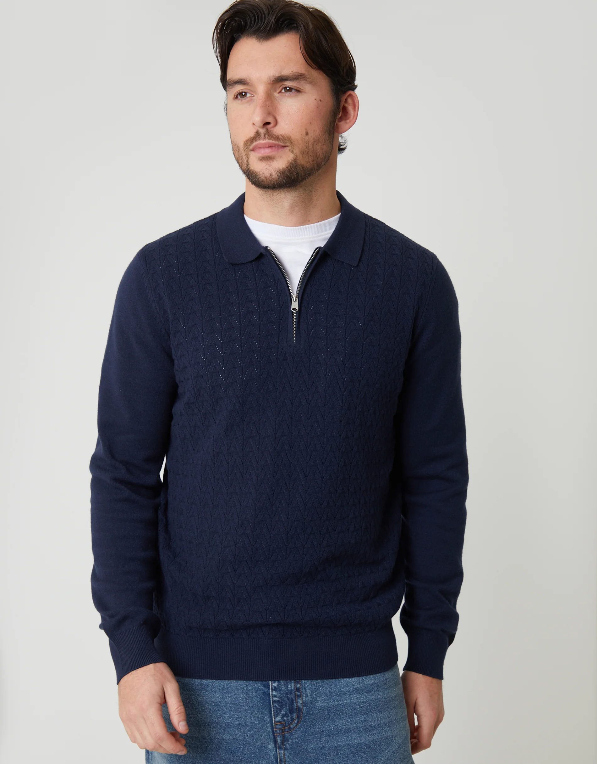 Textured Knit Quarter Zip Polo Jumper in Navy