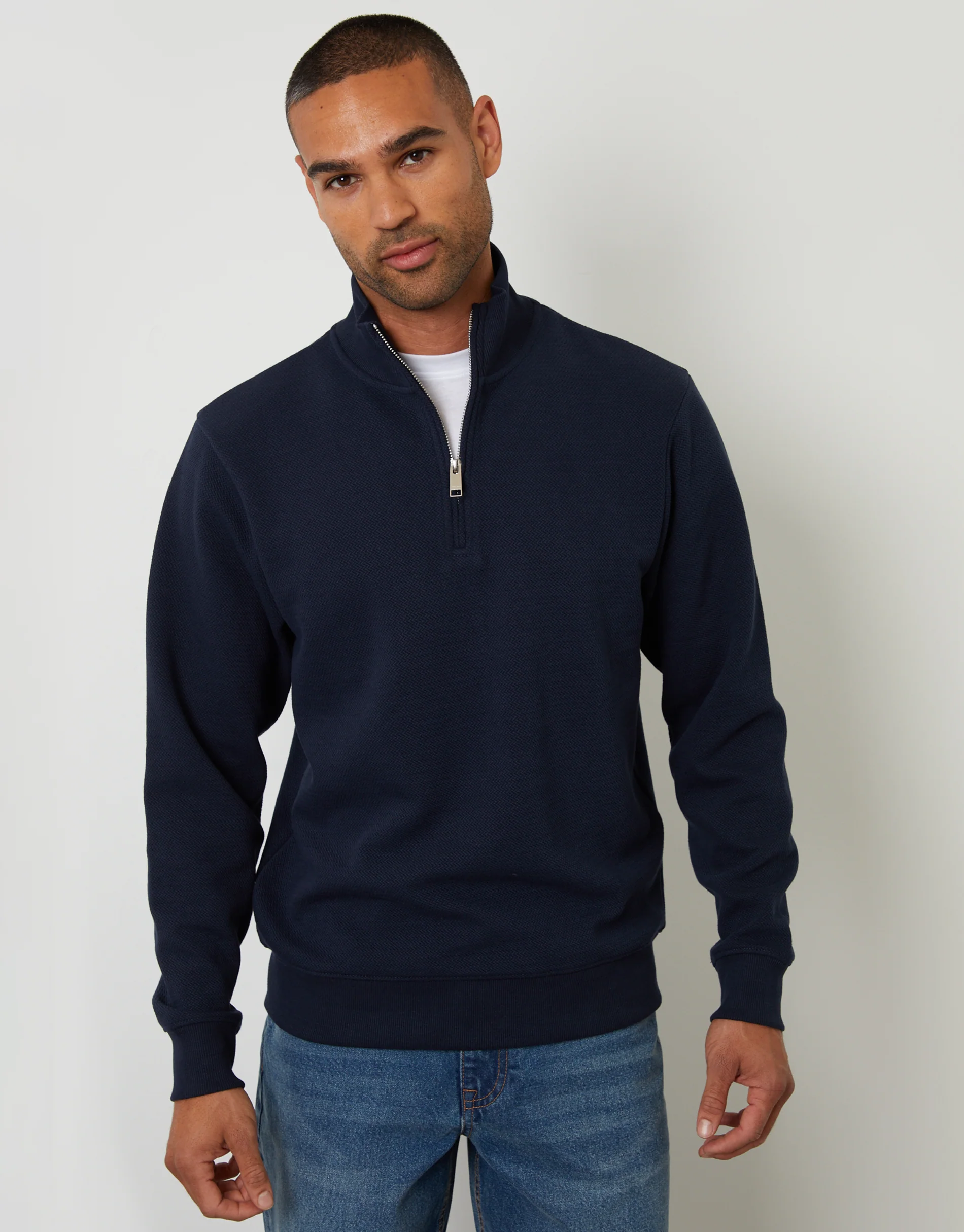 Textured Quarter Zip Sweatshirt in Navy