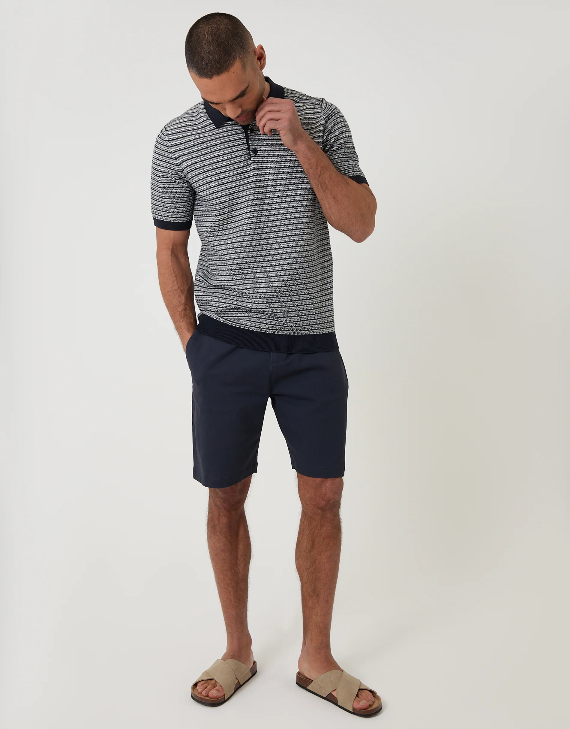Textured Knitted Polo in Navy Stripe - Image 3