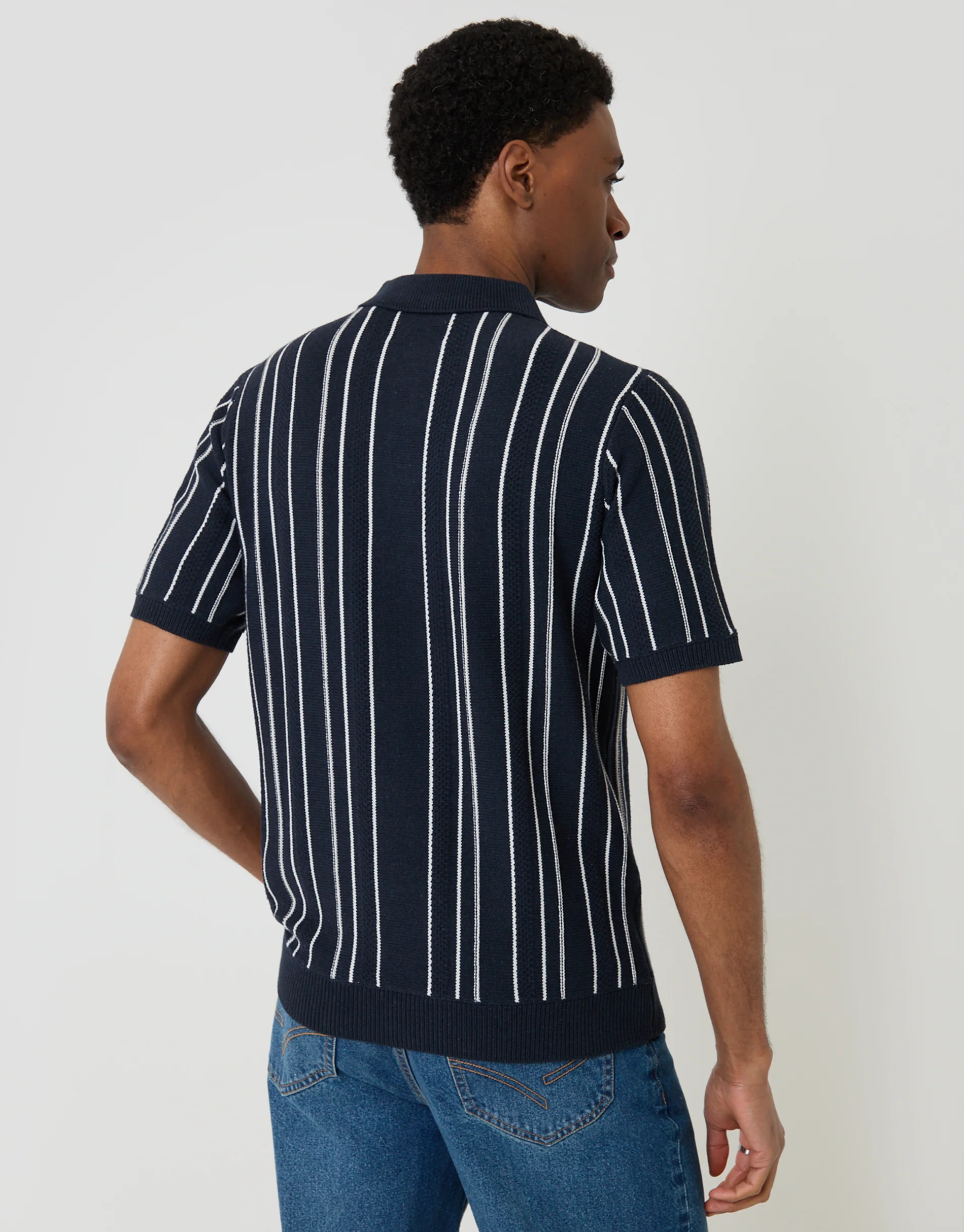 Textured Knitted Quarter Zip Polo in Navy Stripe - Image 3