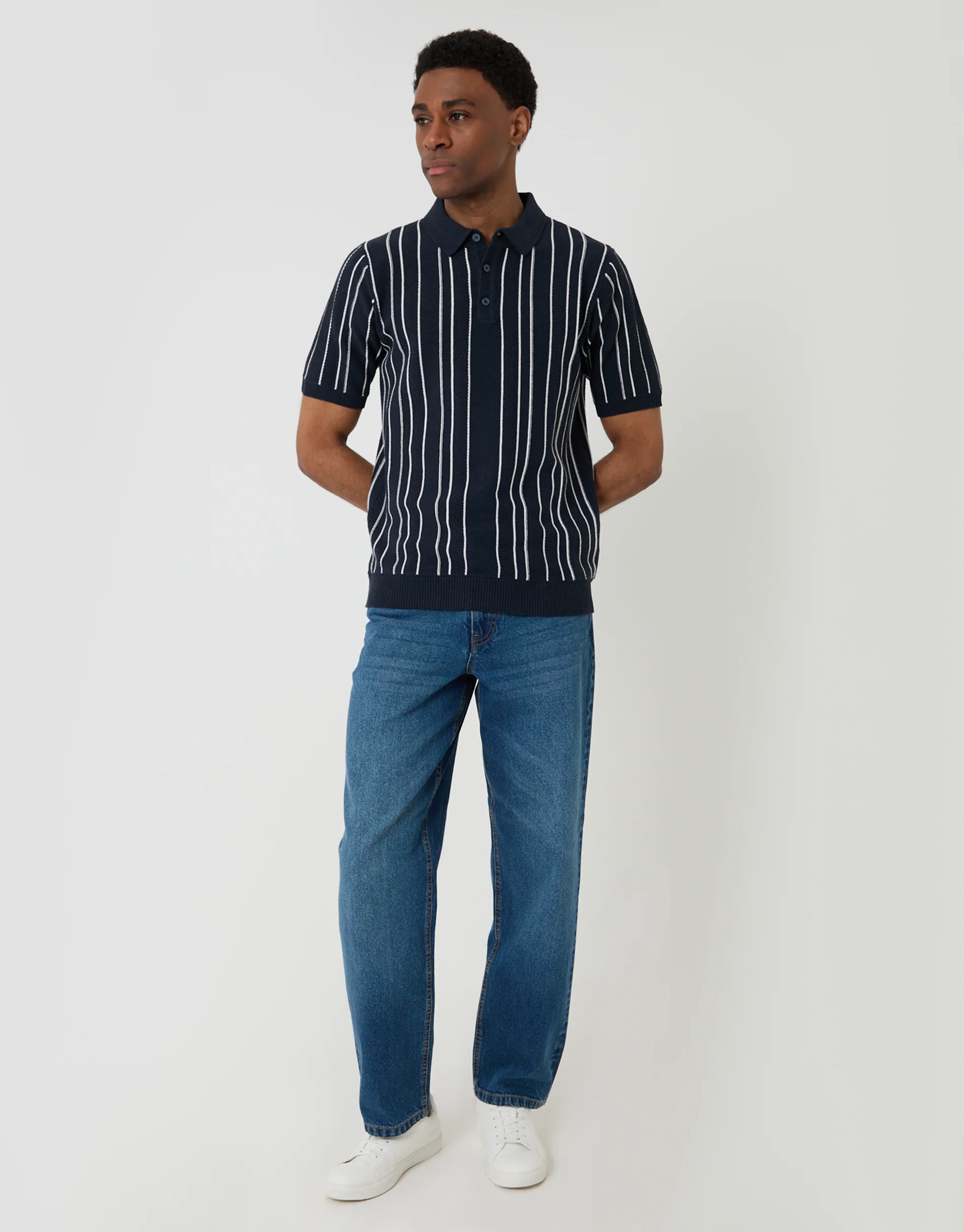 Textured Knitted Quarter Zip Polo in Navy Stripe - Image 4