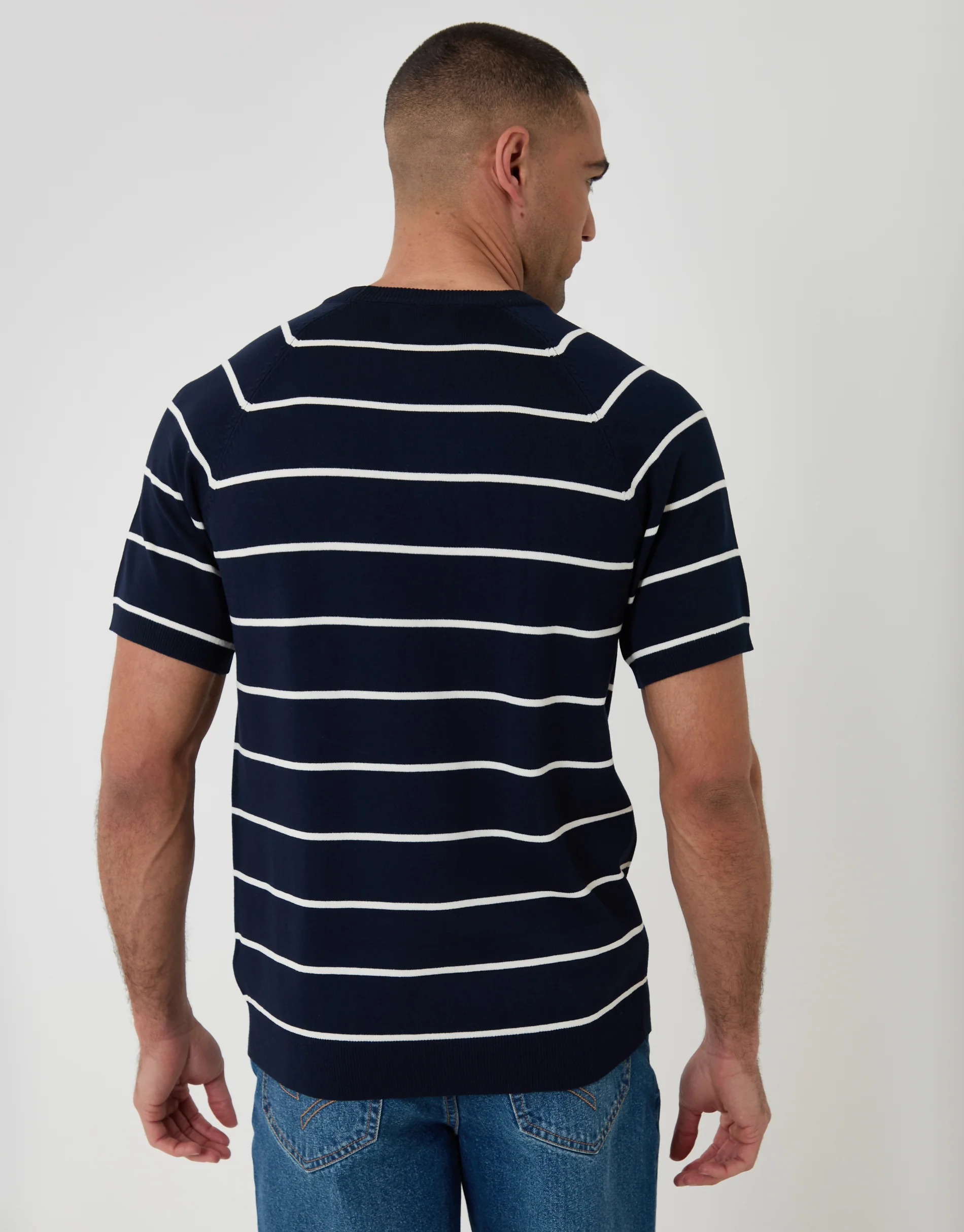 Textured Knitted T-Shirt in Navy Stripe - Image 2