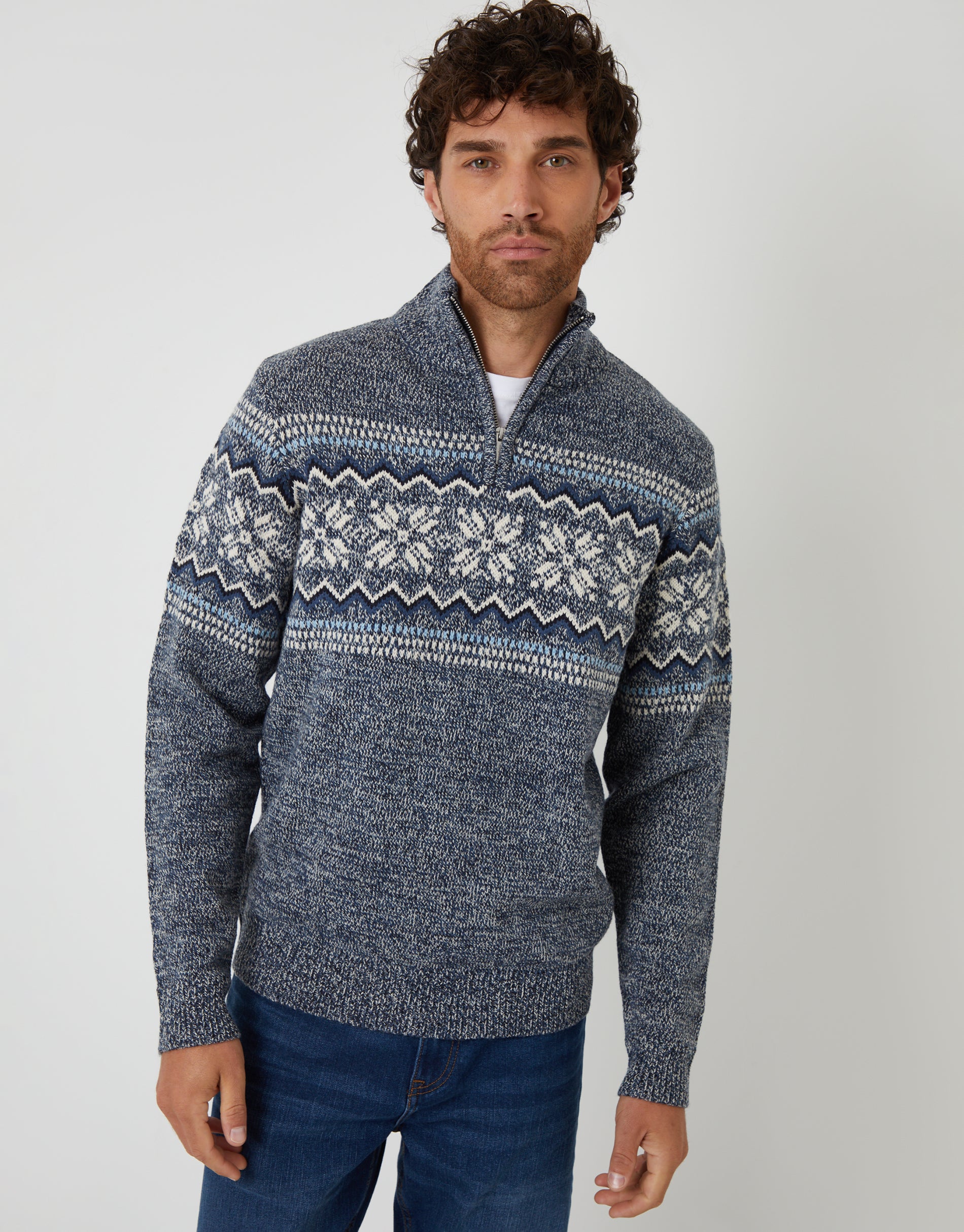 Fairisle Knitted Quarter Zip Jumper in Navy Twist - Image 2