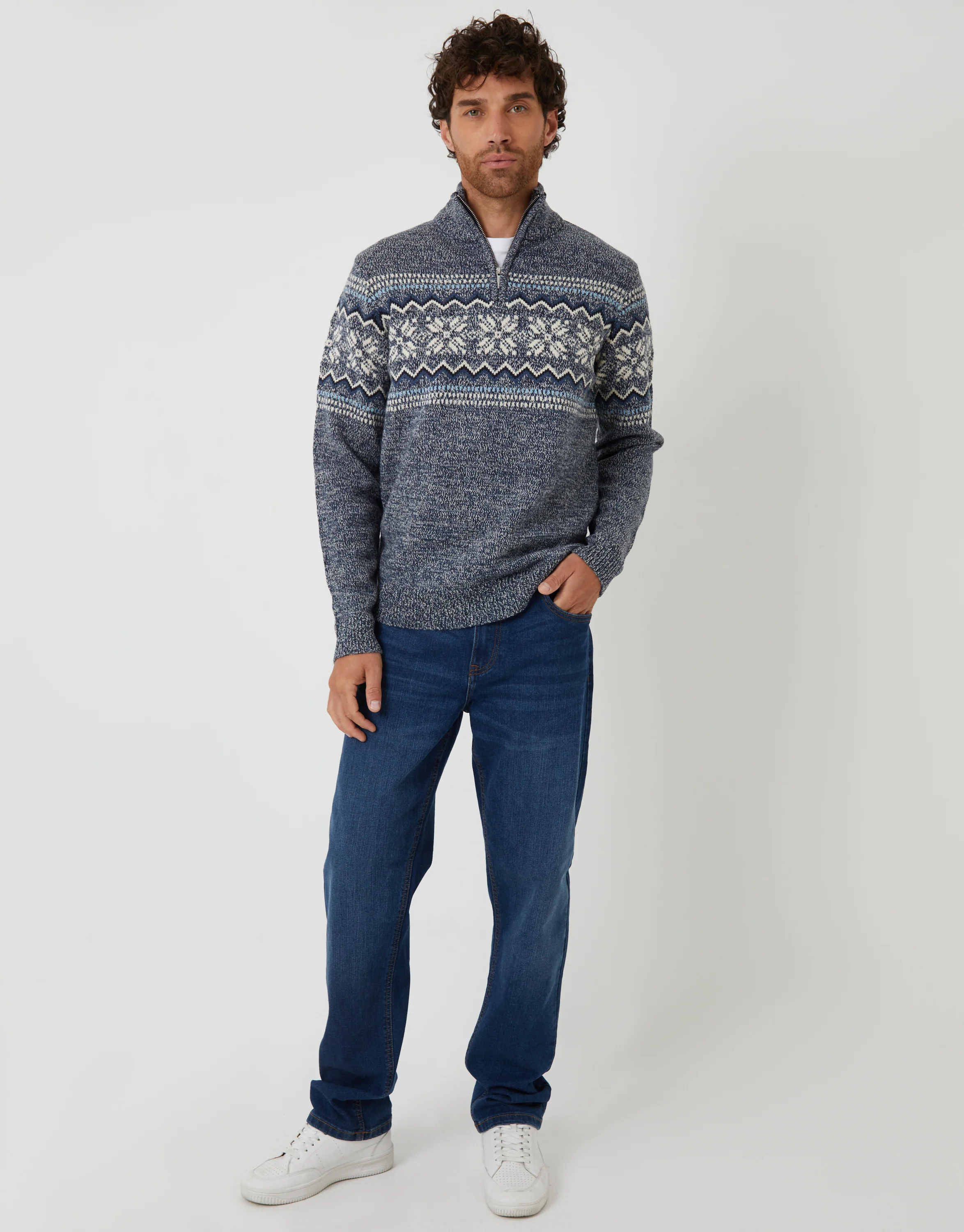 Fairisle Knitted Quarter Zip Jumper in Navy Twist - Image 4