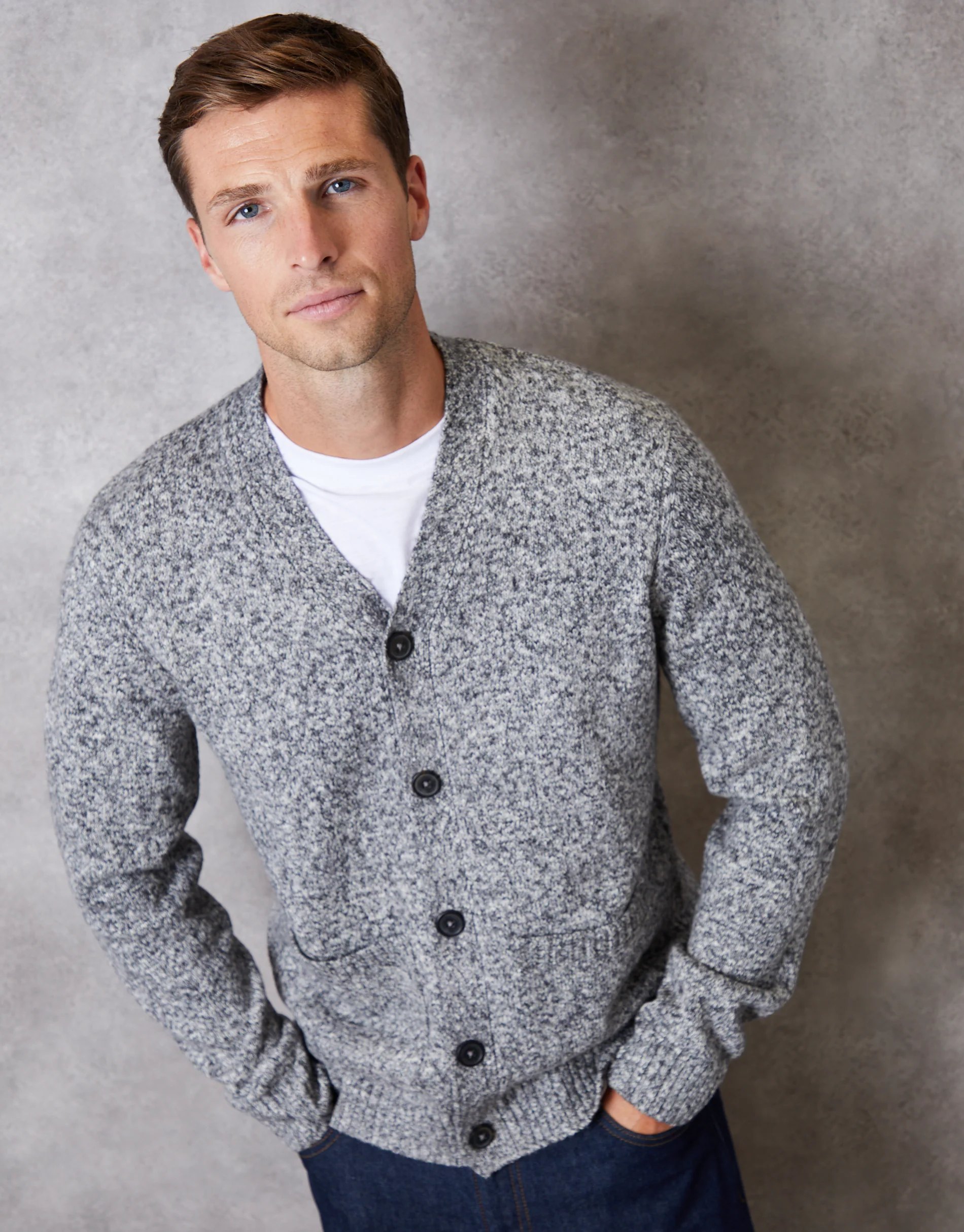 Knitted Button Up Cardigan in Navy Twist