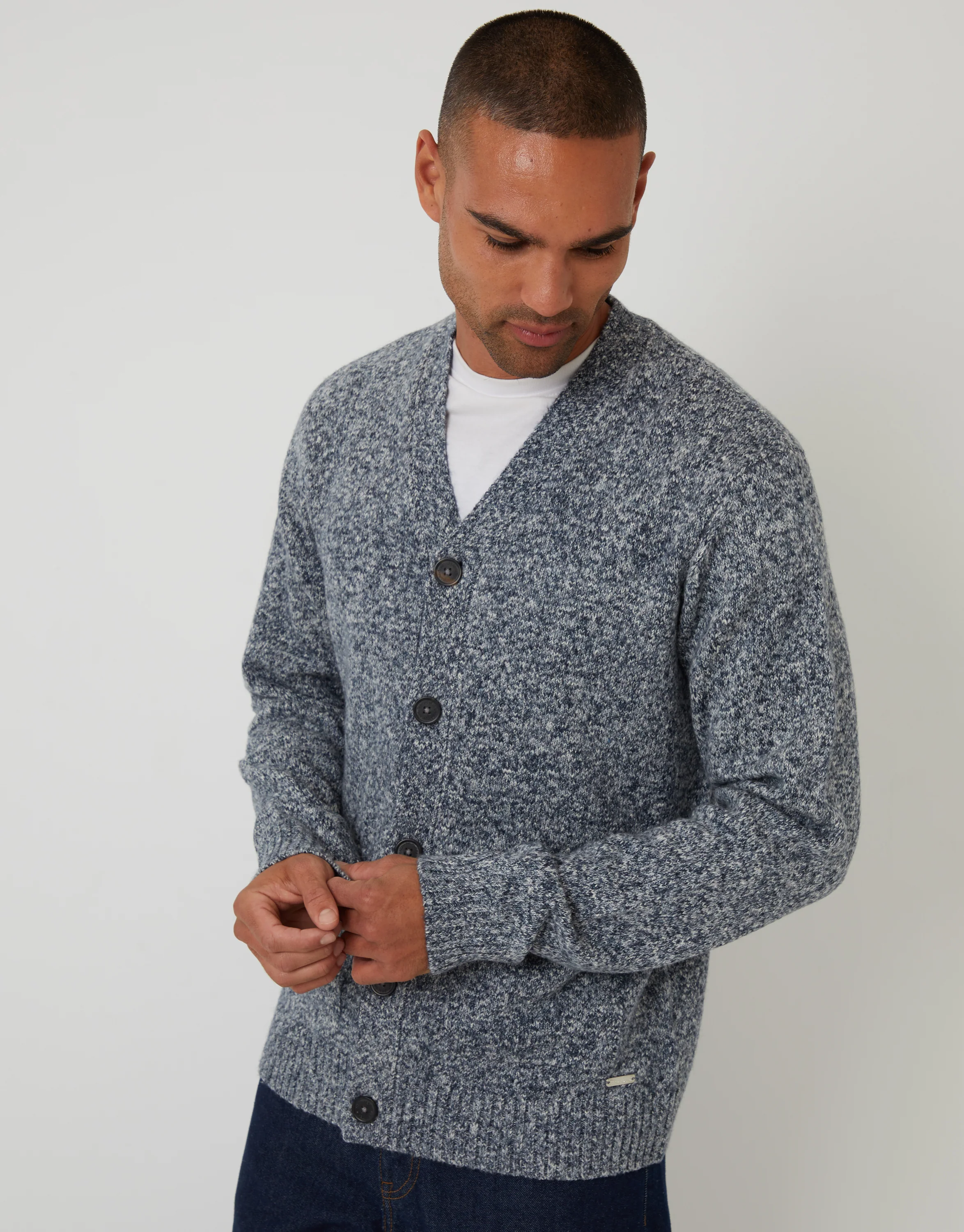 Knitted Button Up Cardigan in Navy Twist - Image 2