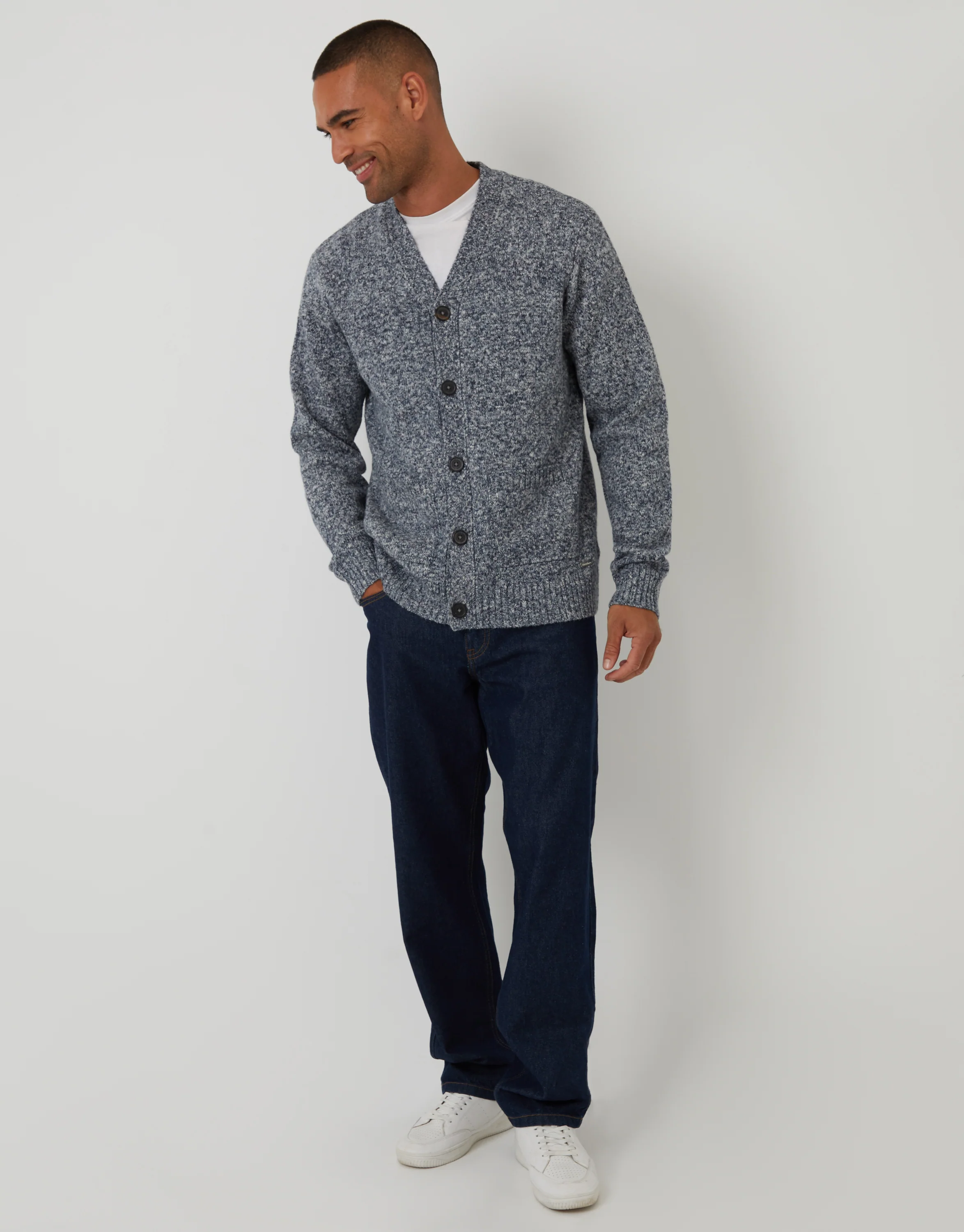 Knitted Button Up Cardigan in Navy Twist - Image 4