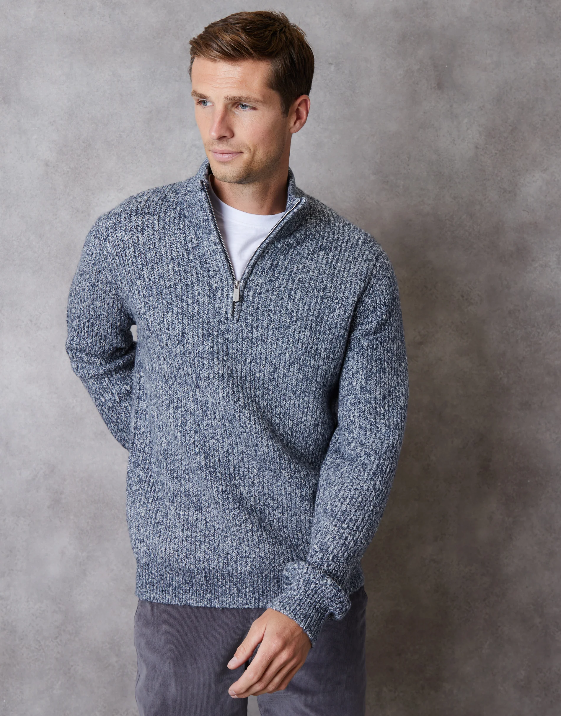 Knitted Quarter Zip Jumper in Navy Twist