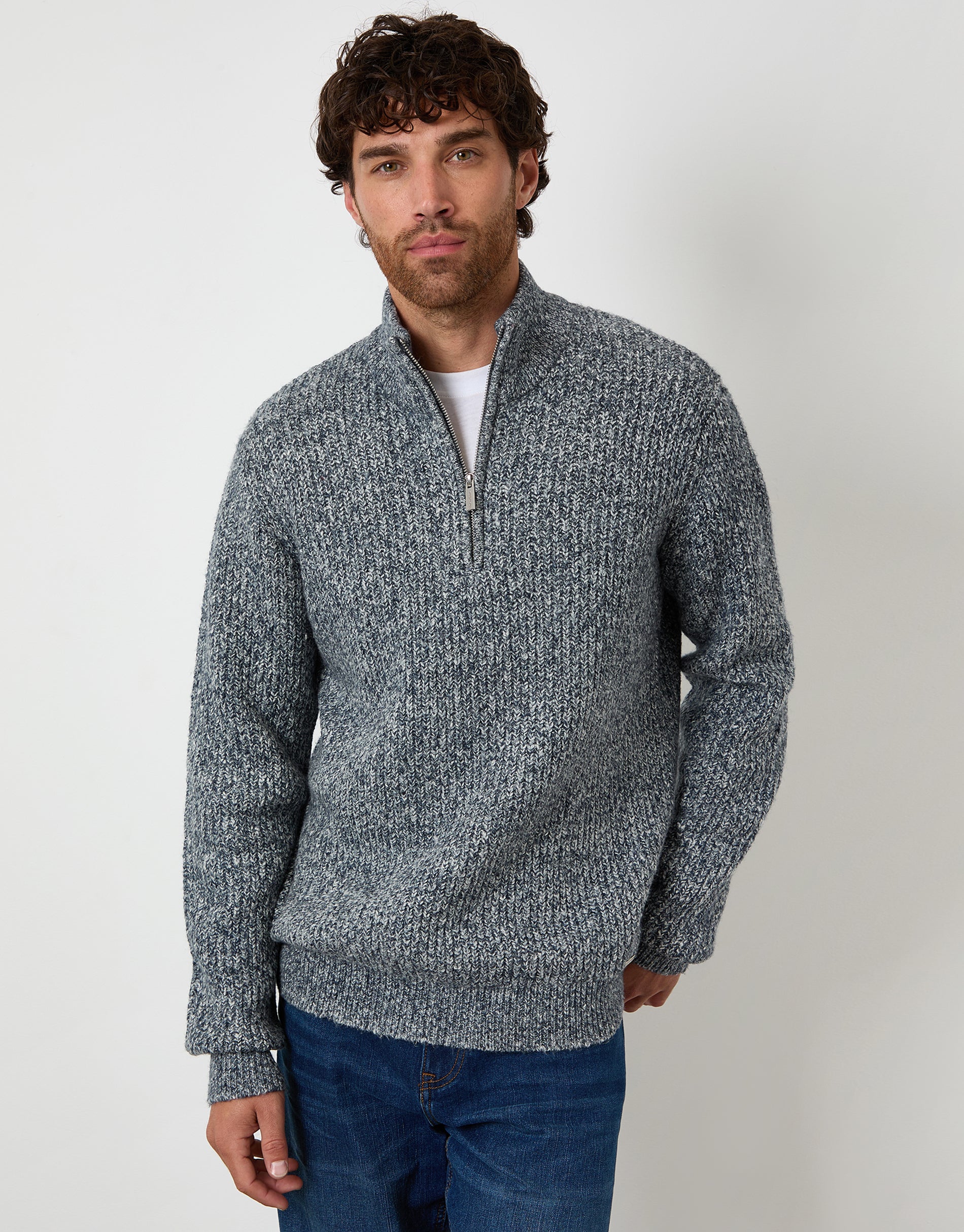 Knitted Quarter Zip Jumper in Navy Twist - Image 2