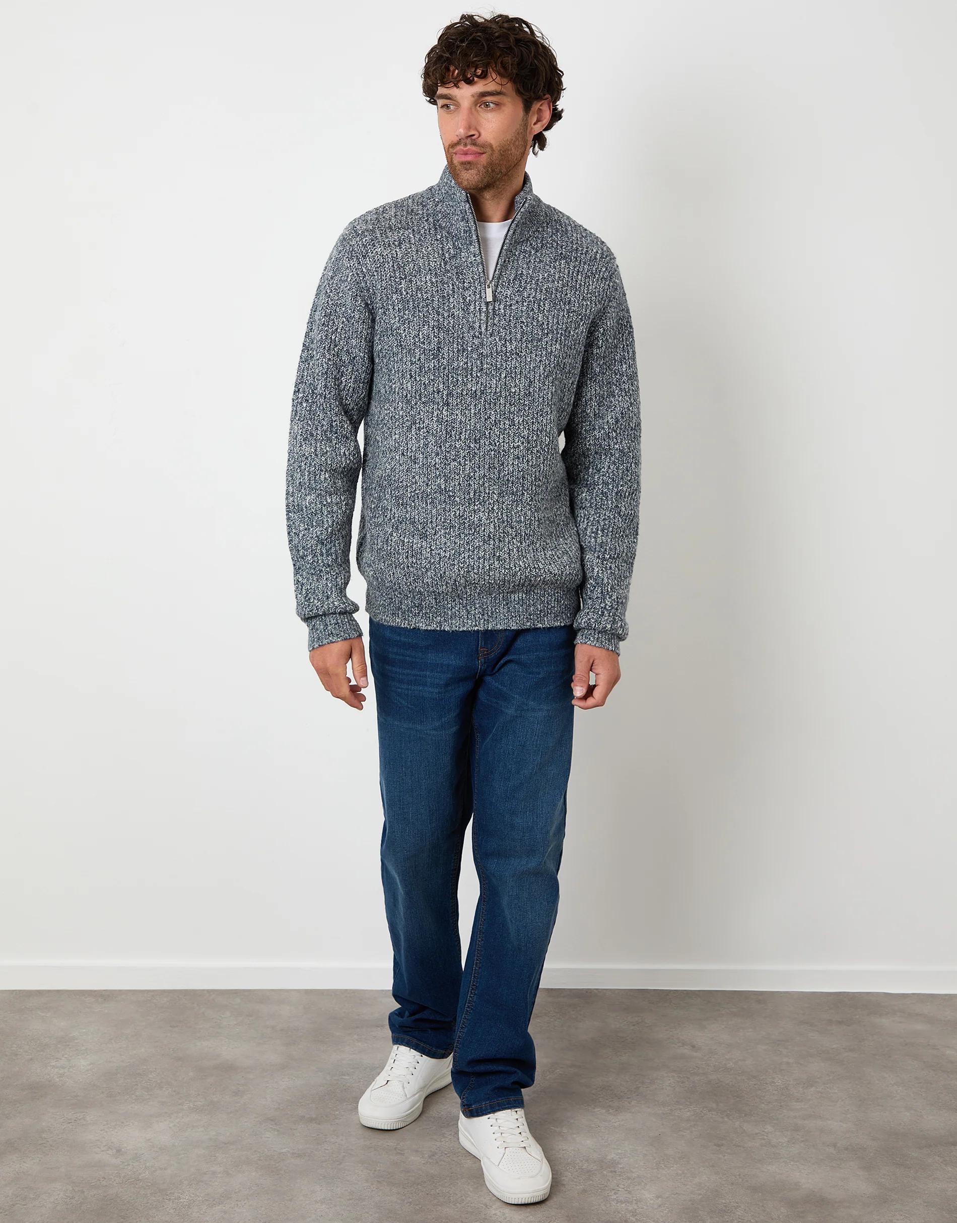 Knitted Quarter Zip Jumper in Navy Twist - Image 4